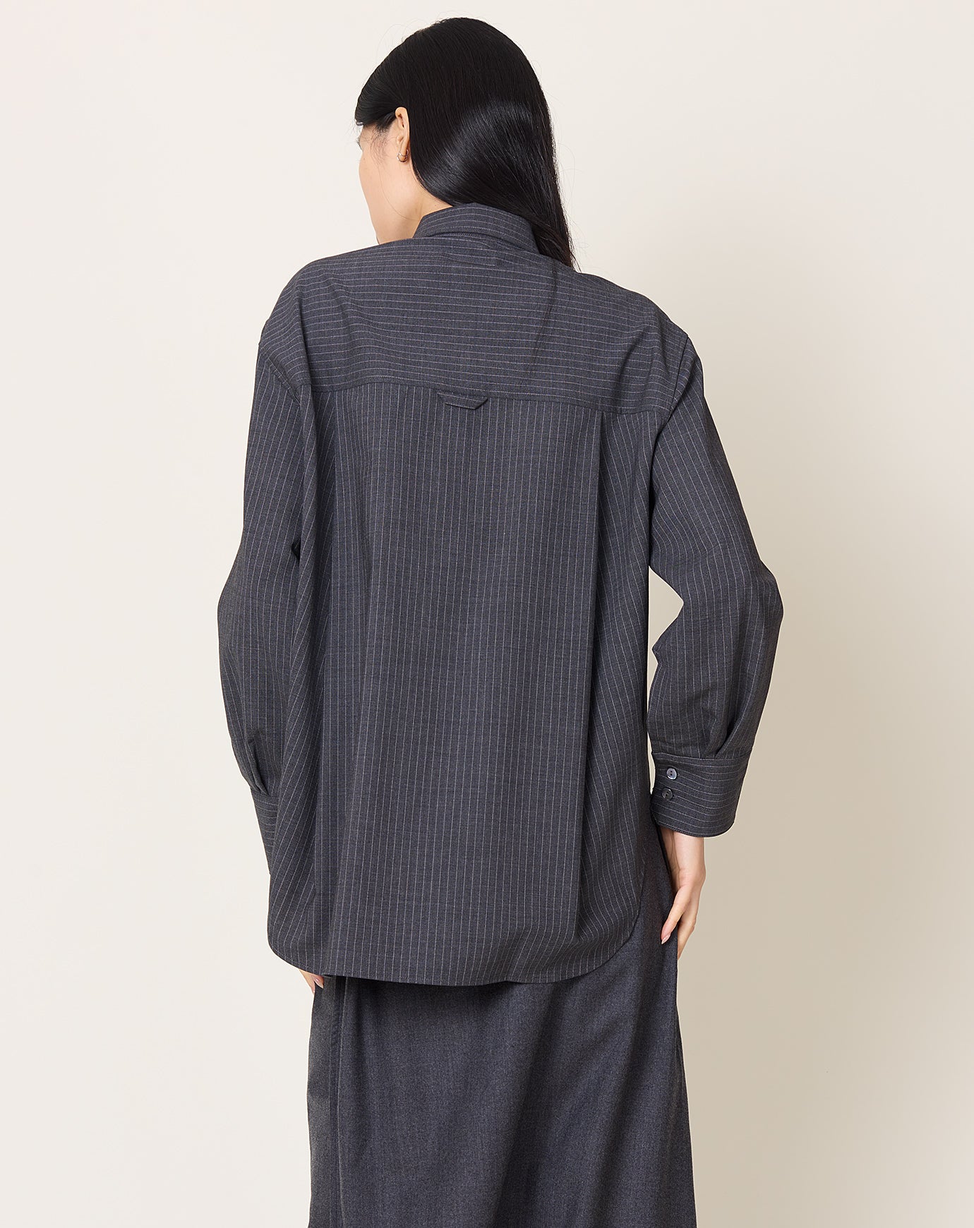 Maria McManus Covered Placket Tunic Shirt in Charcoal Stripe