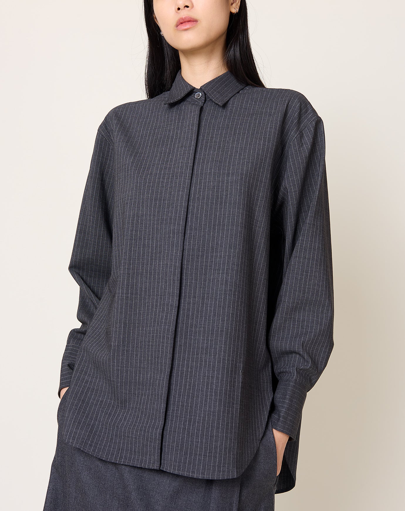 Maria McManus Covered Placket Tunic Shirt in Charcoal Stripe