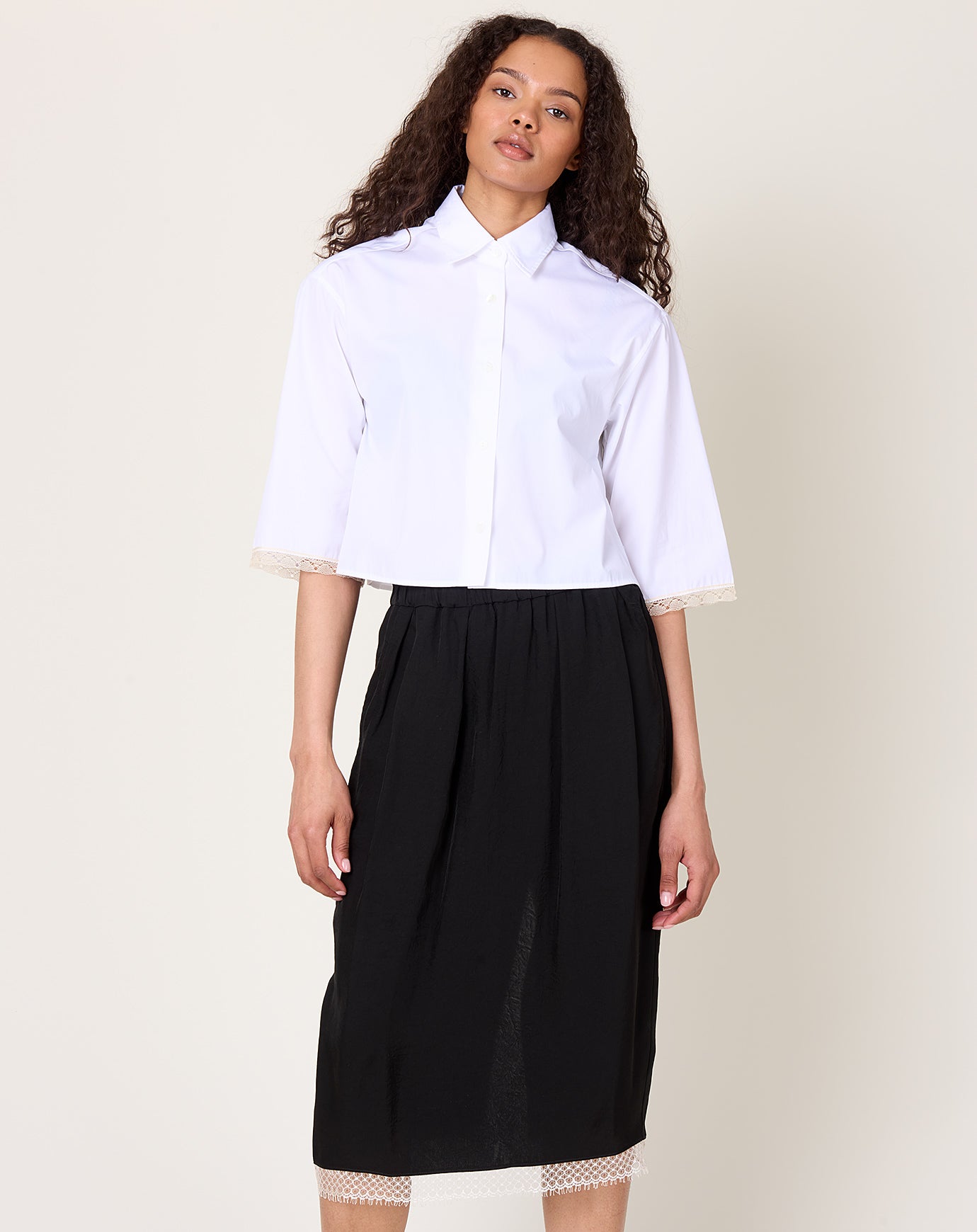 Maria McManus Cropped Lace Short Sleeve Shirt in White