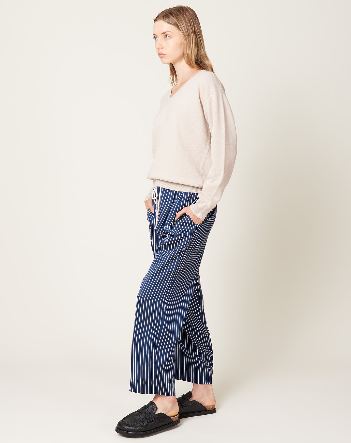 Maria McManus Drawstring Pleat Front Pant in Midnight Stripe