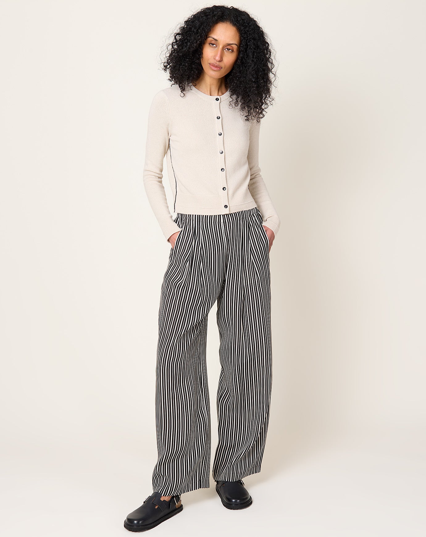 Maria McManus Flap Pocket Pleat Pant in Black & White Awning Stripe