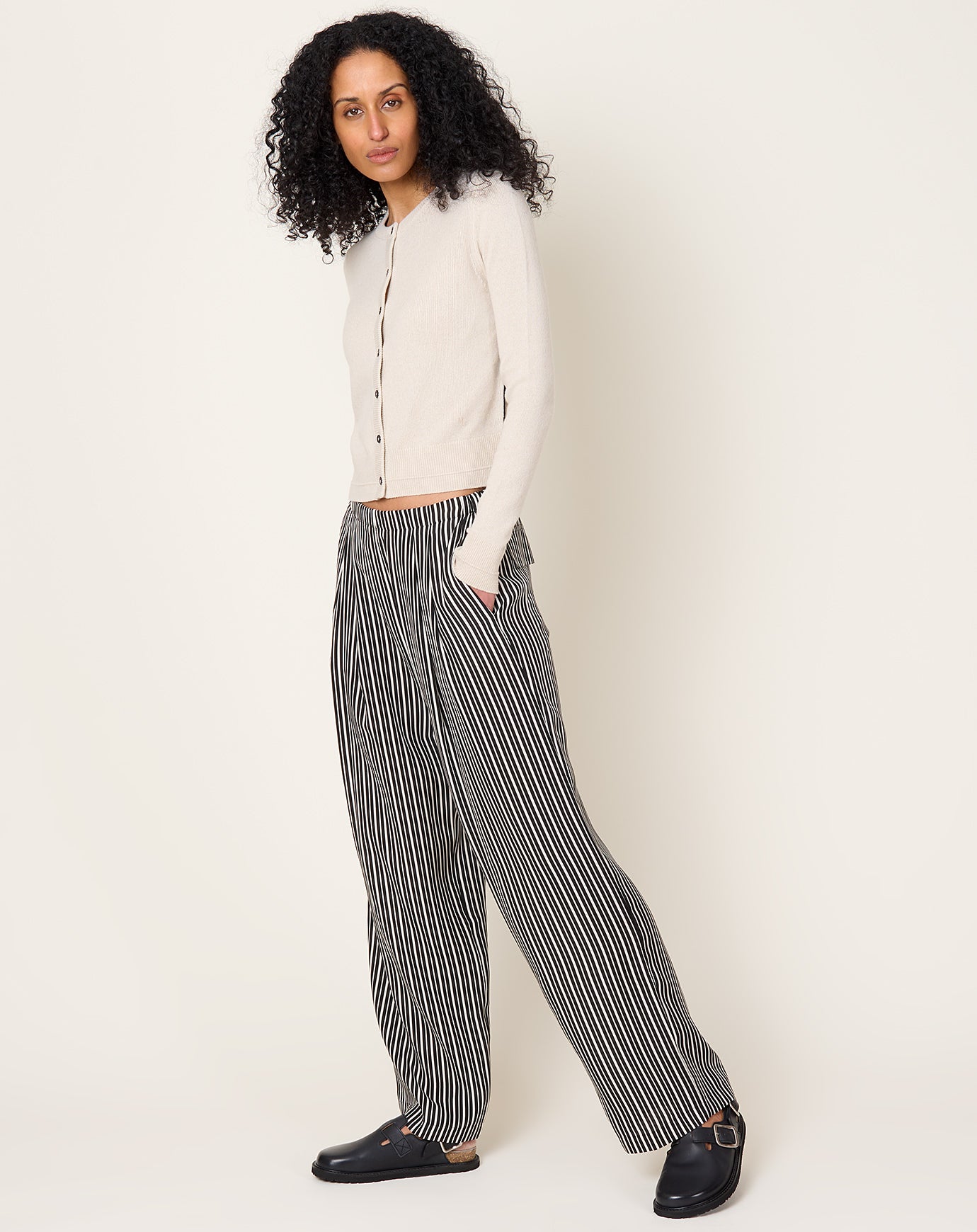 Maria McManus Flap Pocket Pleat Pant in Black & White Awning Stripe