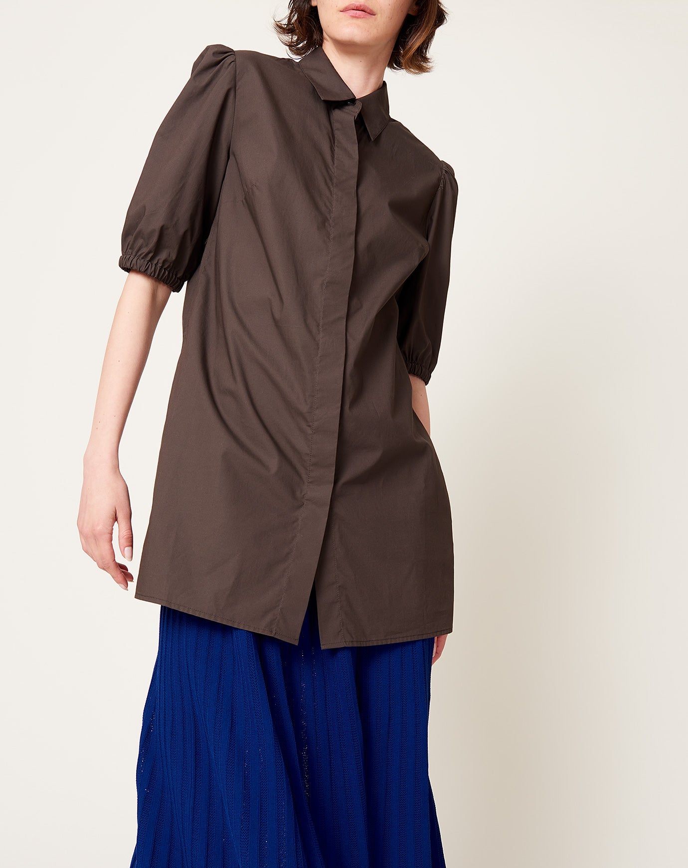 Maria McManus Puff Sleeve Minidress in Chocolate Brown