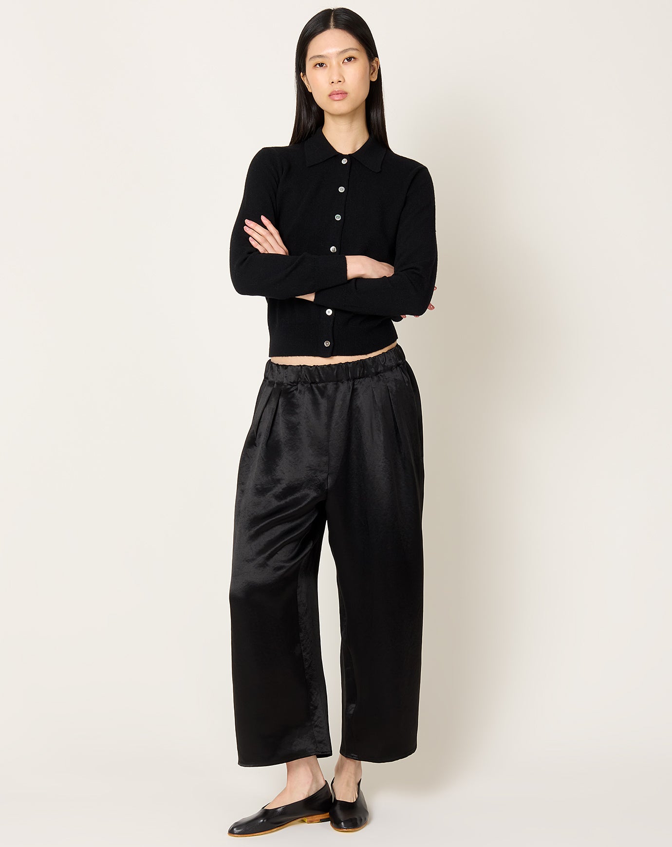 Maria McManus Pull On Wide Leg Crop Pant in Black Satin
