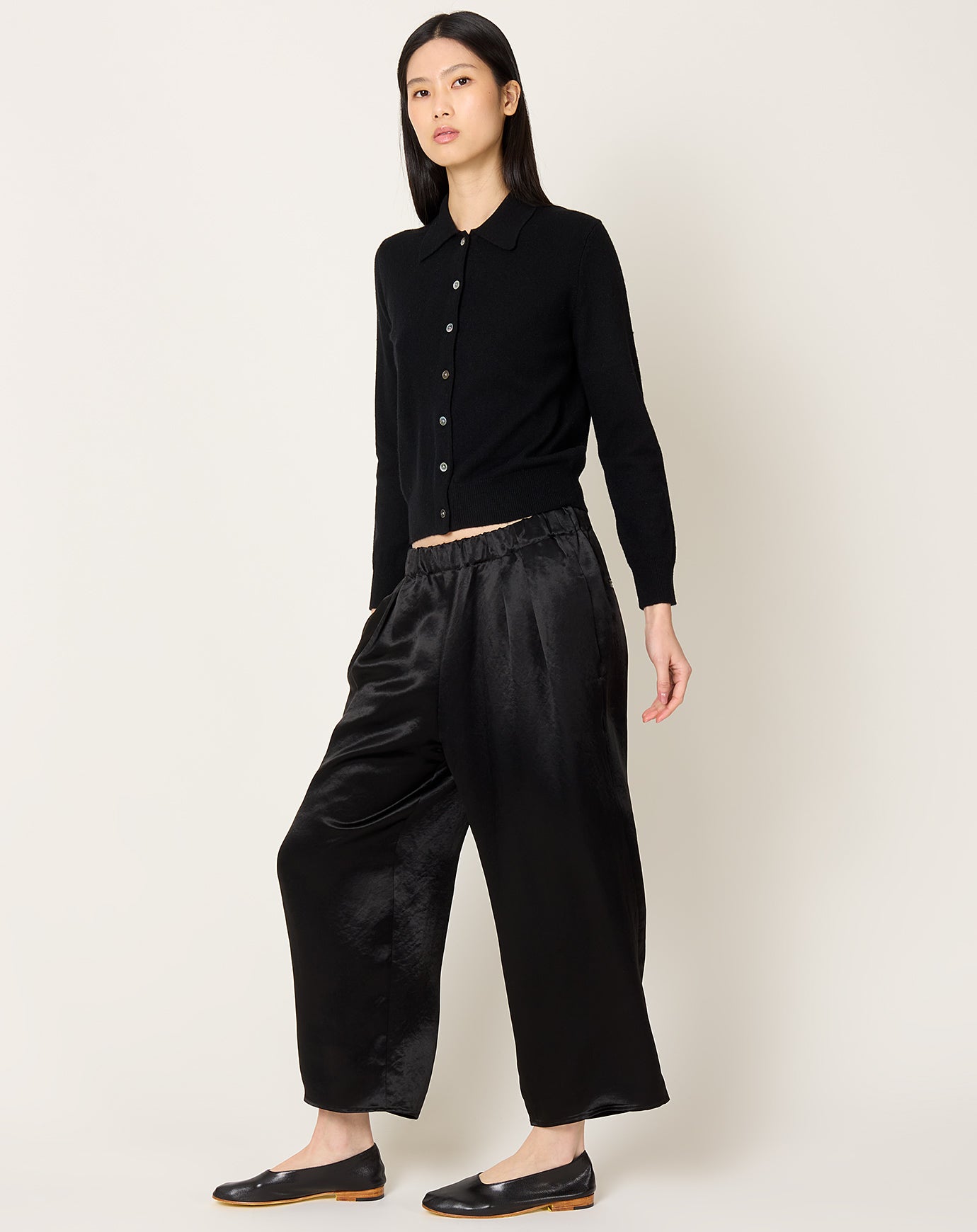 Maria McManus Pull On Wide Leg Crop Pant in Black Satin