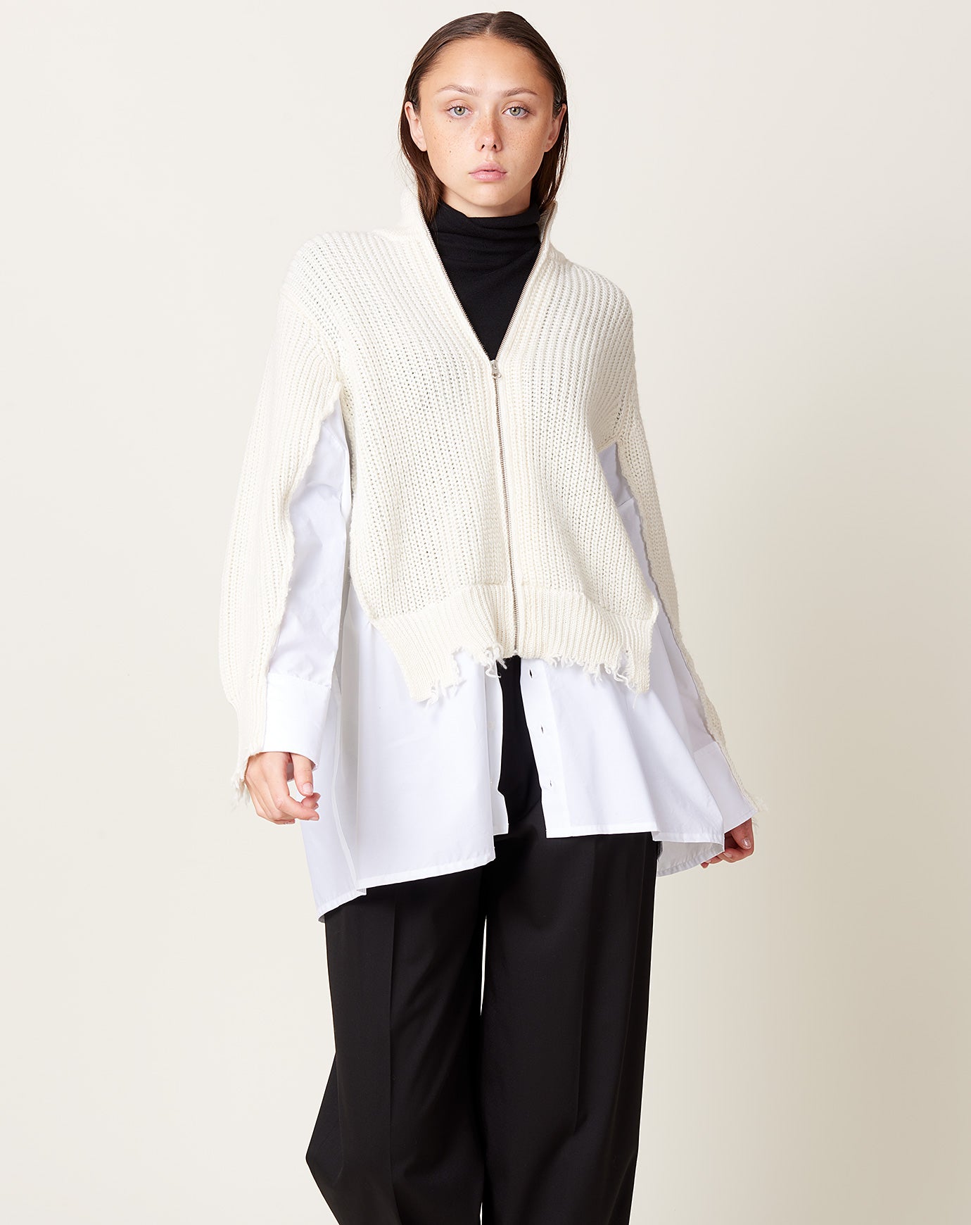 MM6 Zip Cardigan with Shirt Detail in White