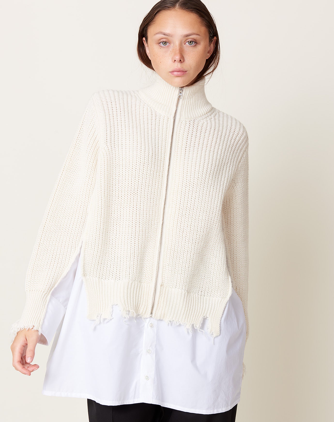 MM6 Zip Cardigan with Shirt Detail in White