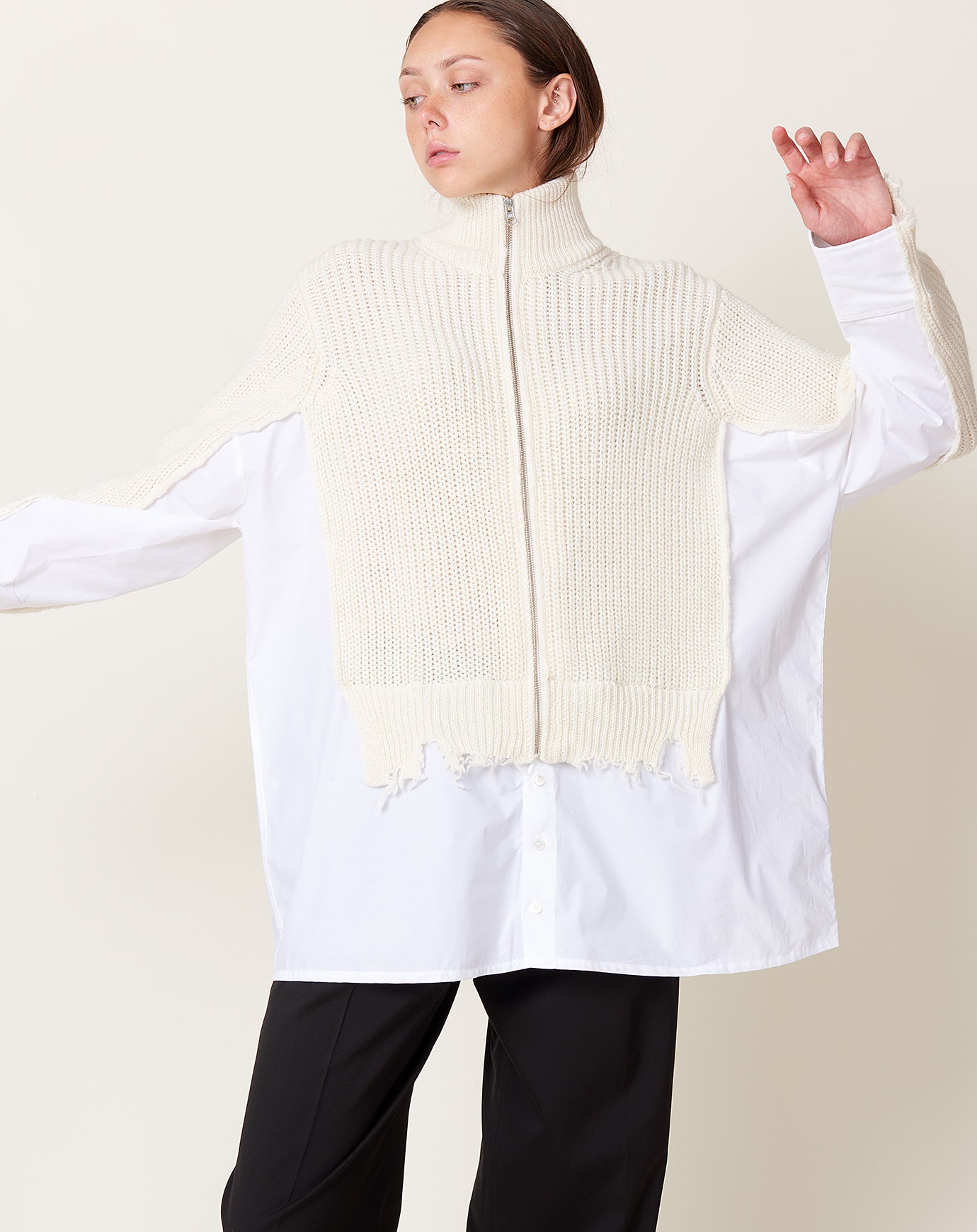 MM6 Zip Cardigan with Shirt Detail in White