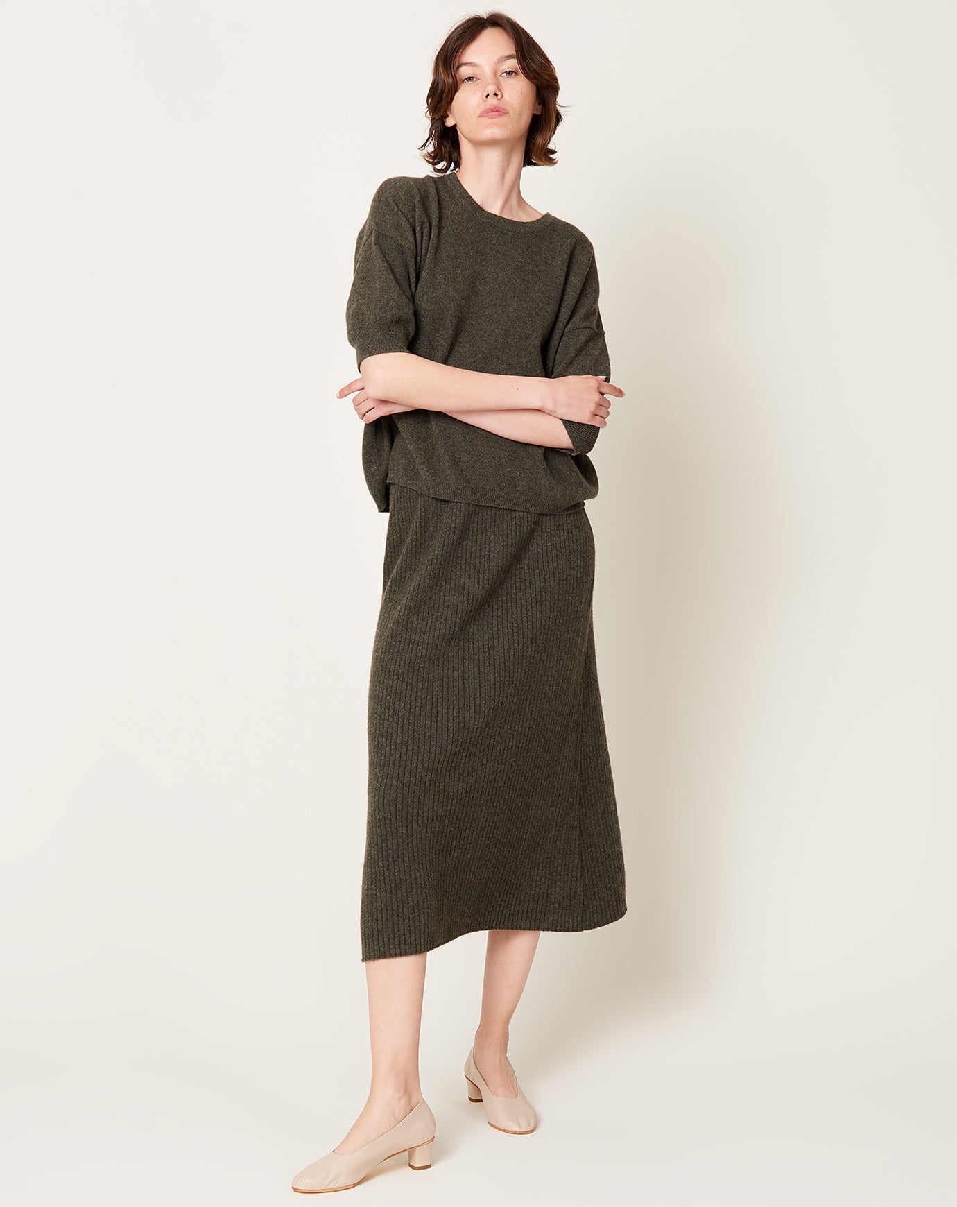 Modern Weaving Cashmere Rib Semi Circle Midi Skirt in Olive Melange