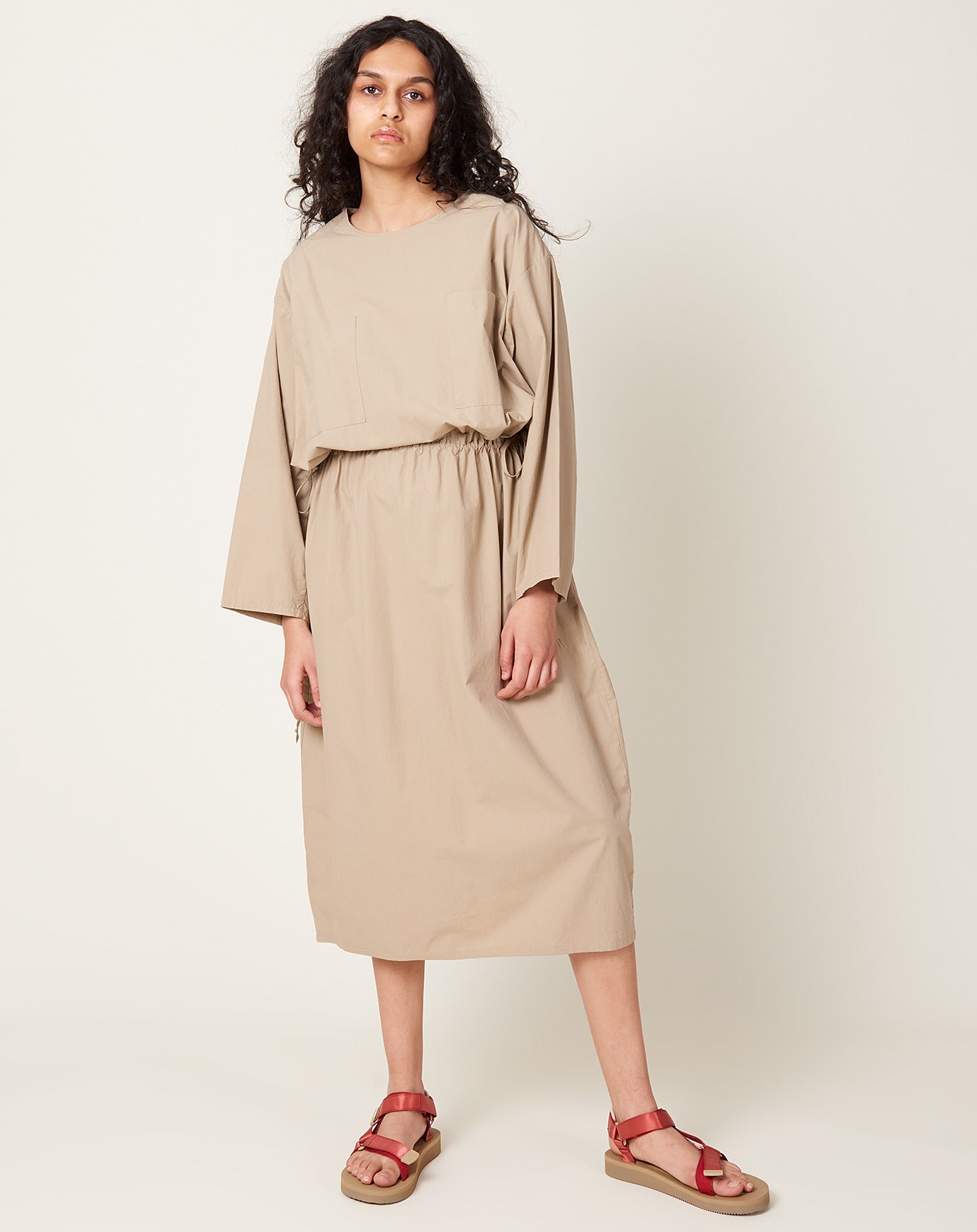Modern Weaving Drawstring Slouch Pocket Dress in Taupe