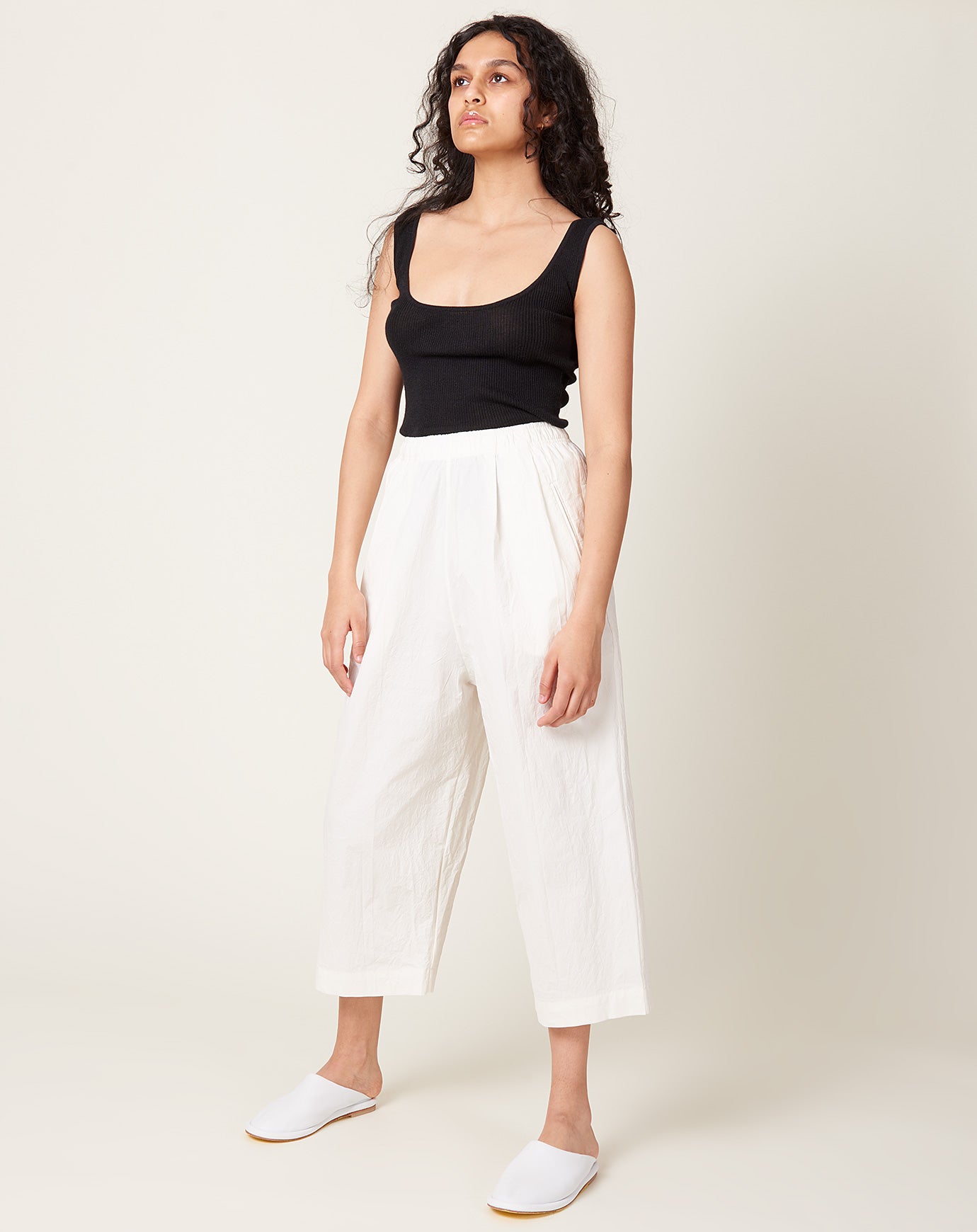 Modern Weaving Dropped Open Leg Trouser in Off White Stretch Crinkle