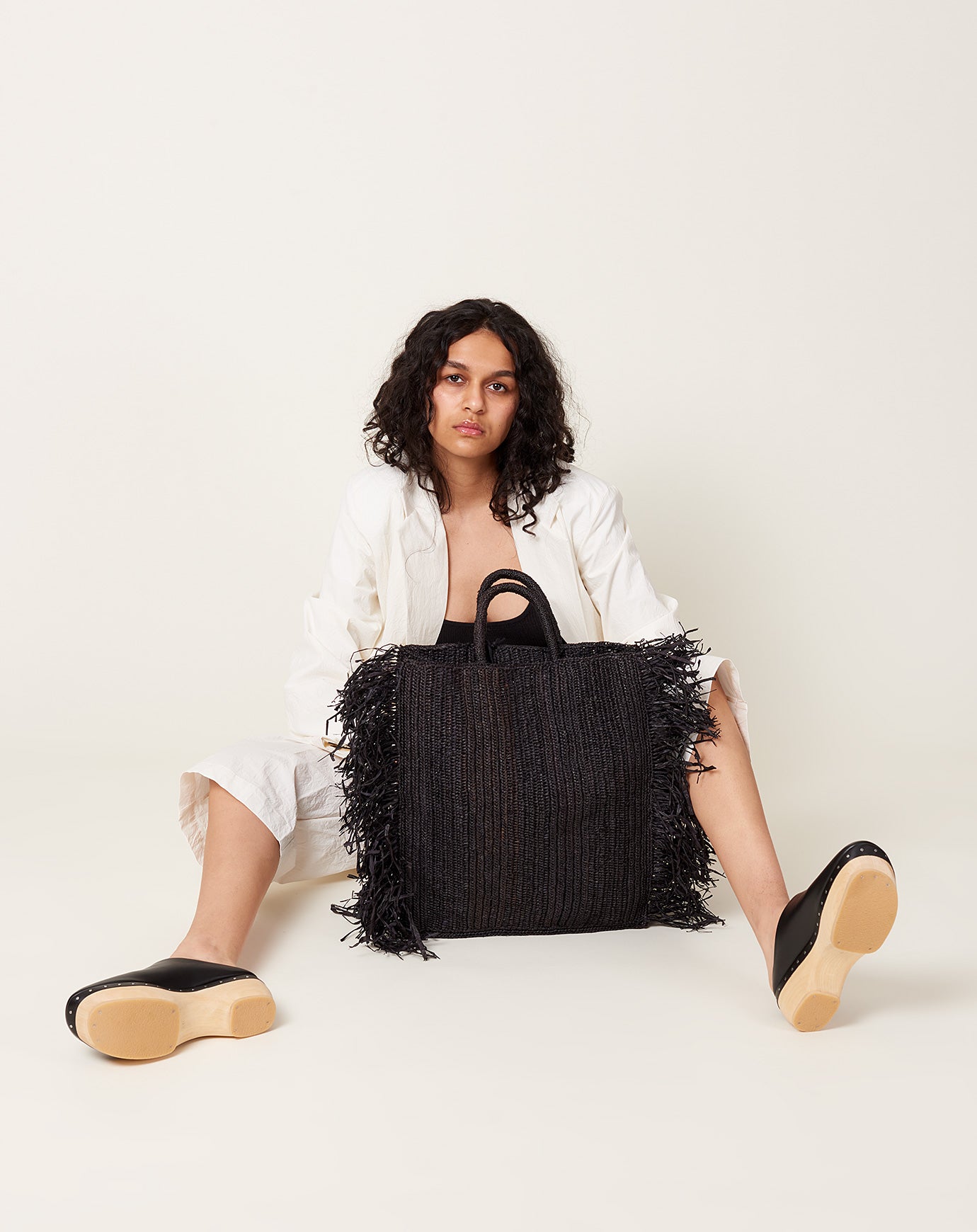 Modern Weaving Straight Fringe Square Bag in Black