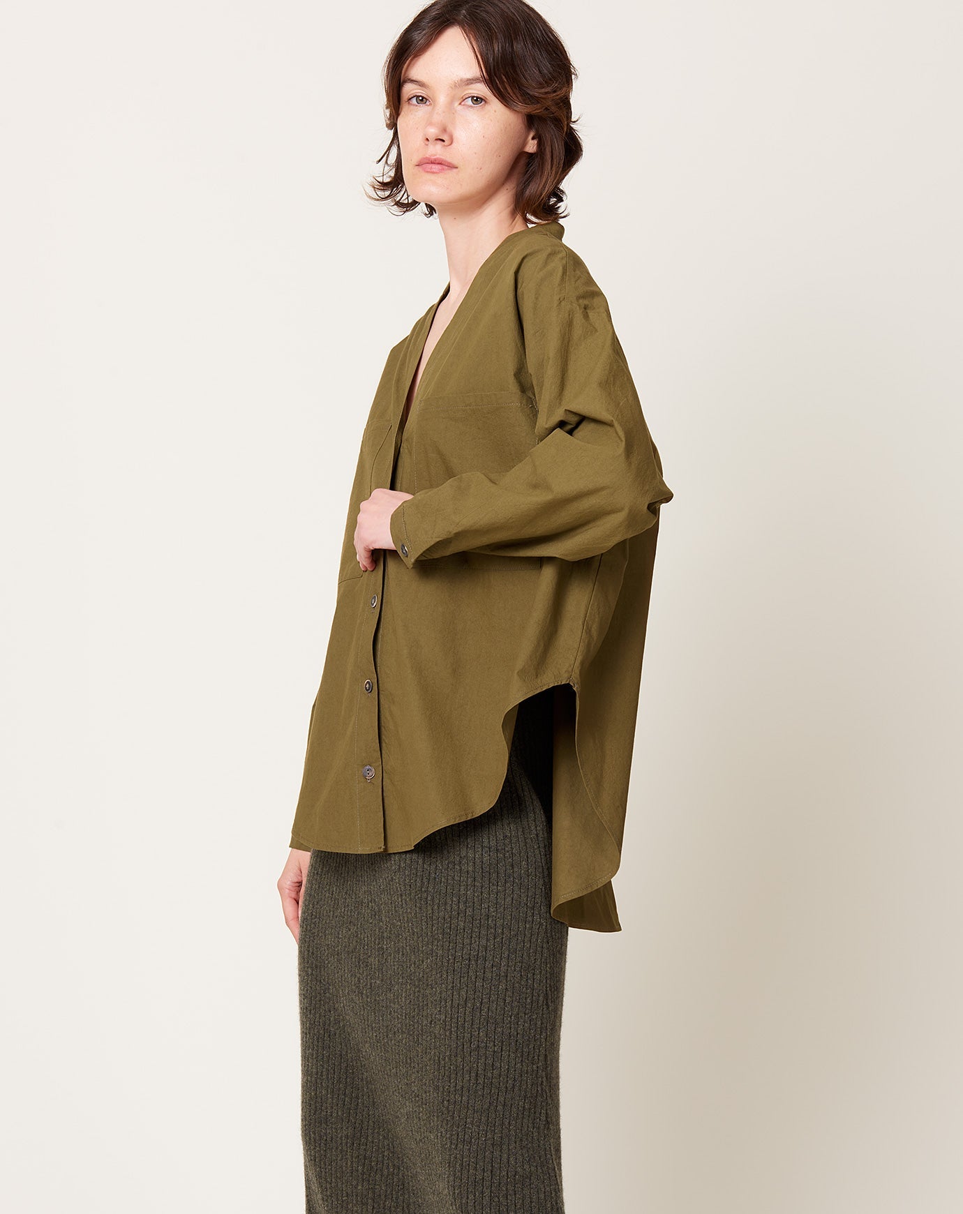 Modern Weaving V-Neck Button Down in Army