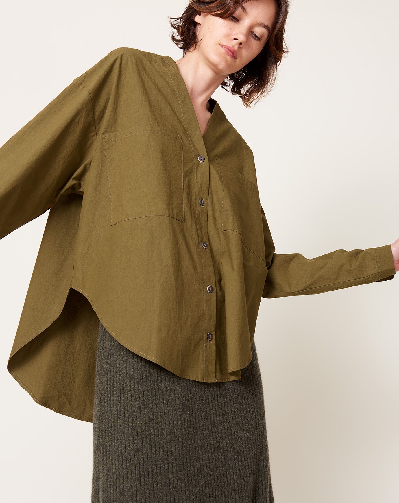 Modern Weaving V-Neck Button Down in Army