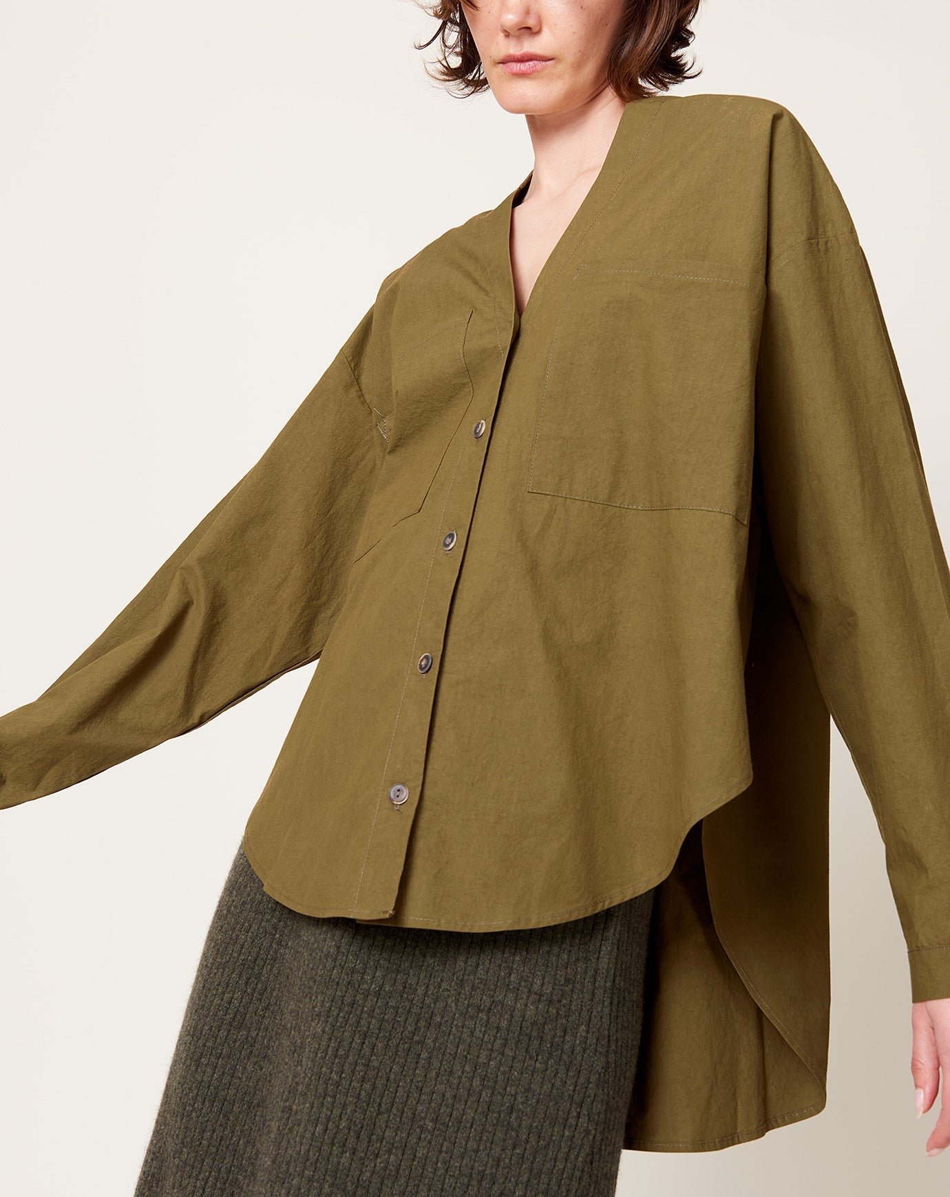 Modern Weaving V-Neck Button Down in Army