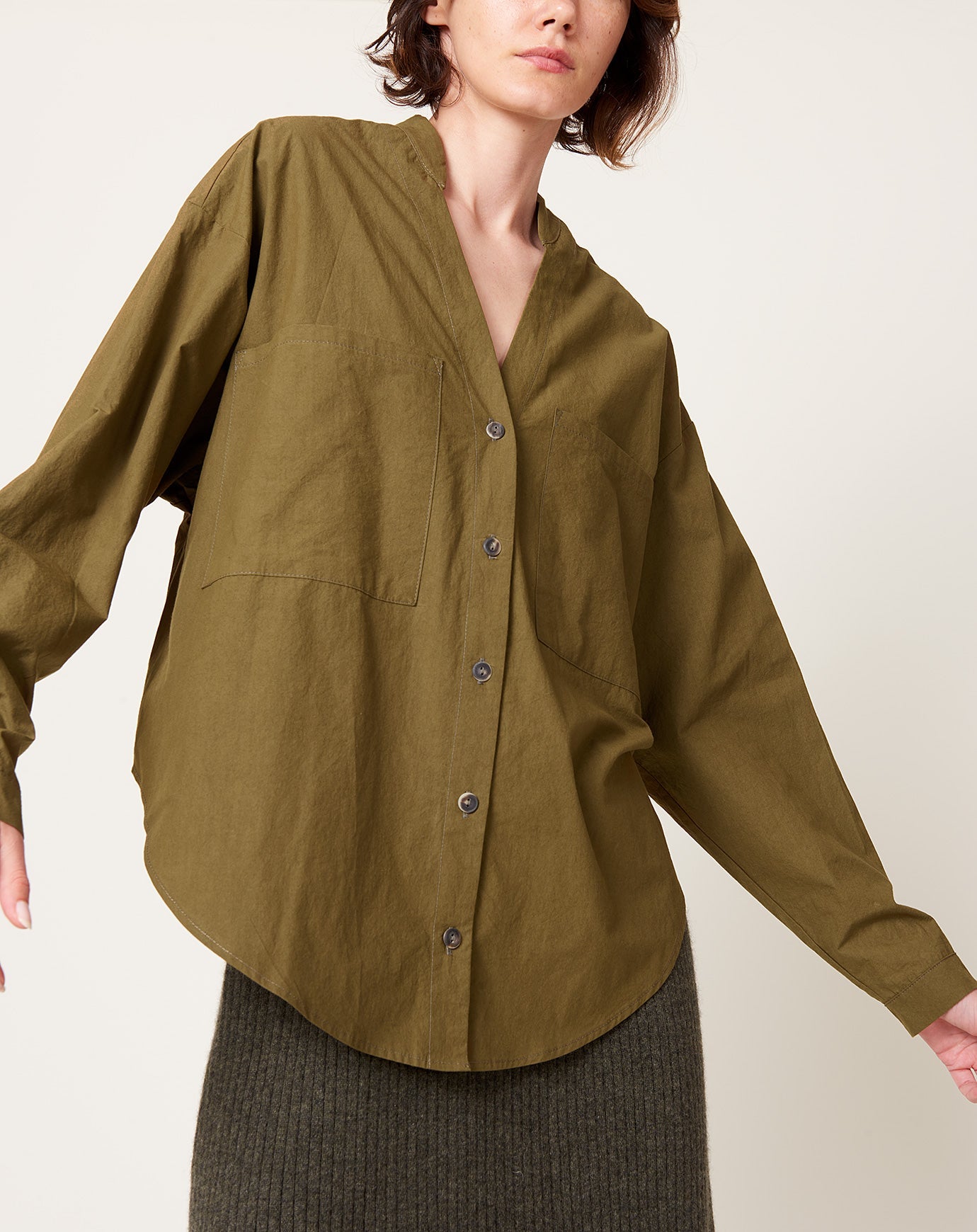 Modern Weaving V-Neck Button Down in Army