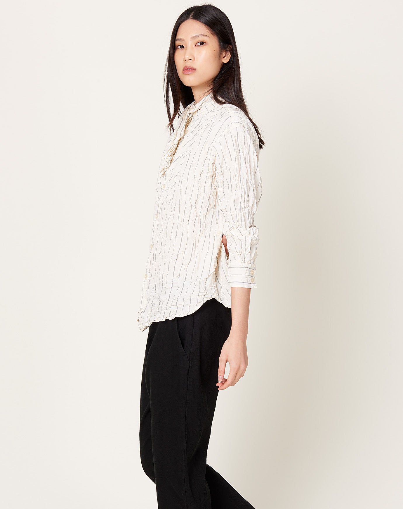 Pas de Calais Crinkle Striped Tie Neck Blouse in Ivory