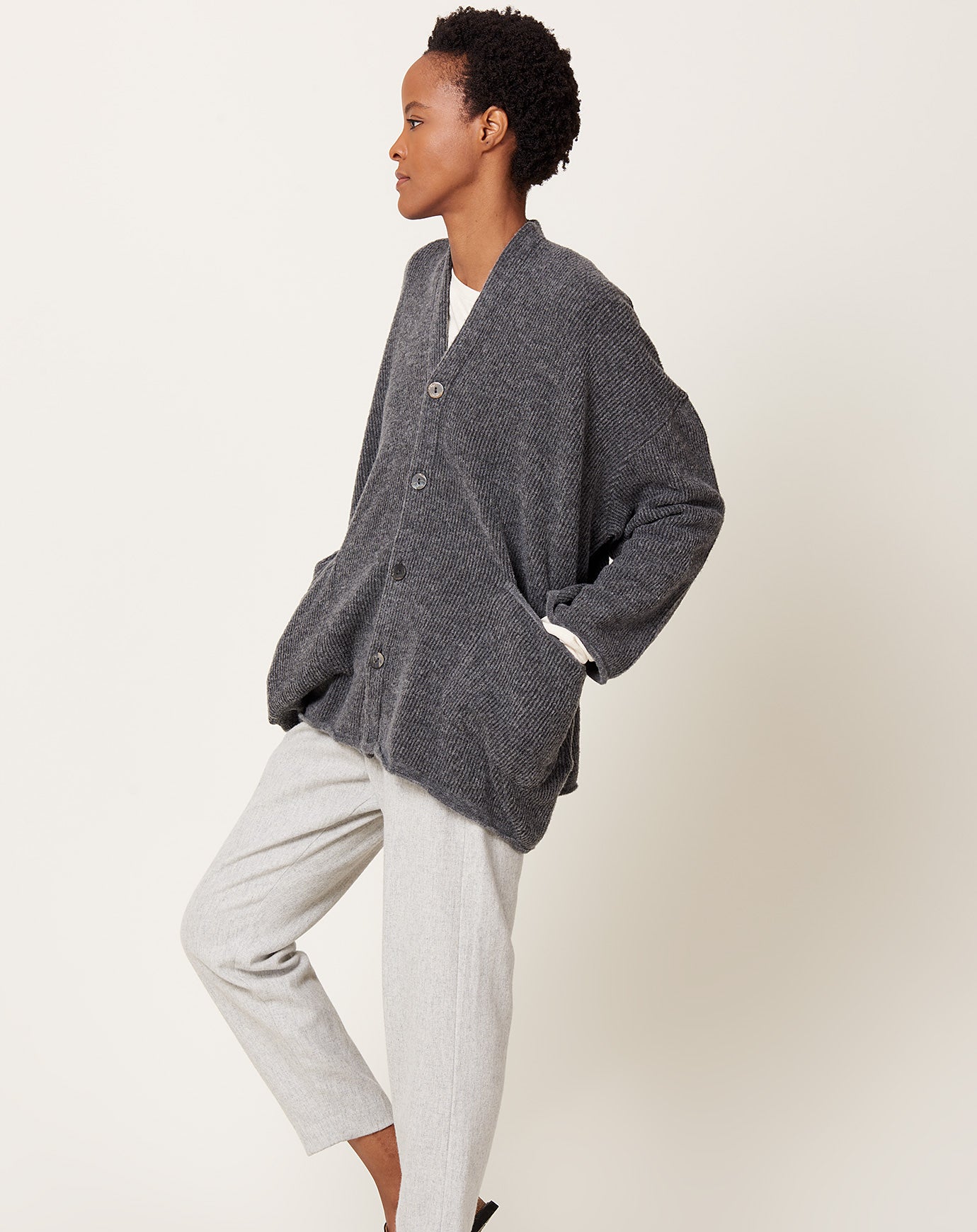 pas de calais Fine Bouclé Knit Cardigan in Heather Grey