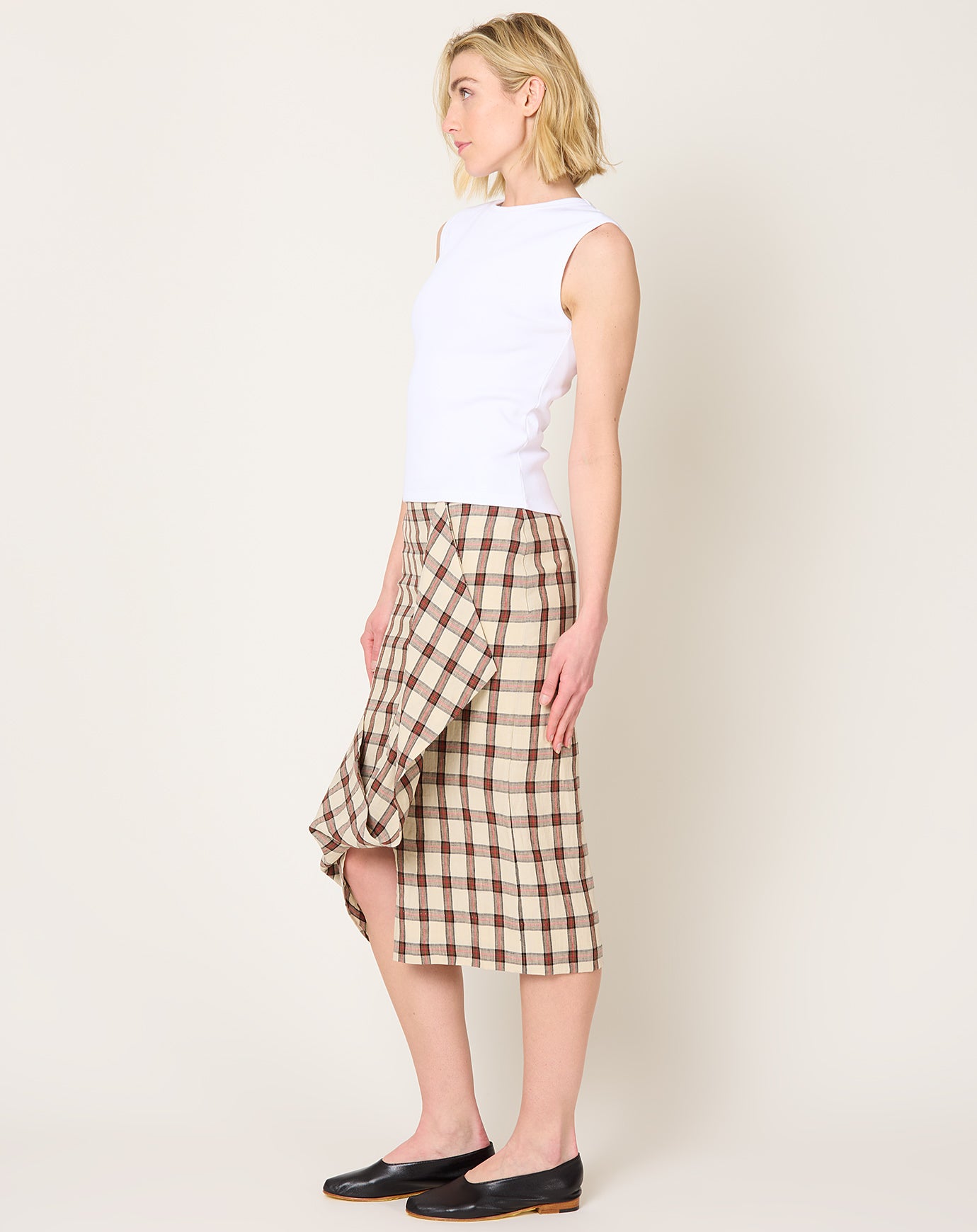 Róhe Draped Check Skirt in Red Table Check