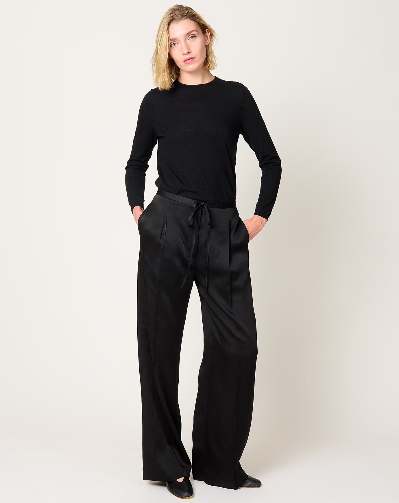 Róhe Relaxed Drawstring Satin Trousers in Black