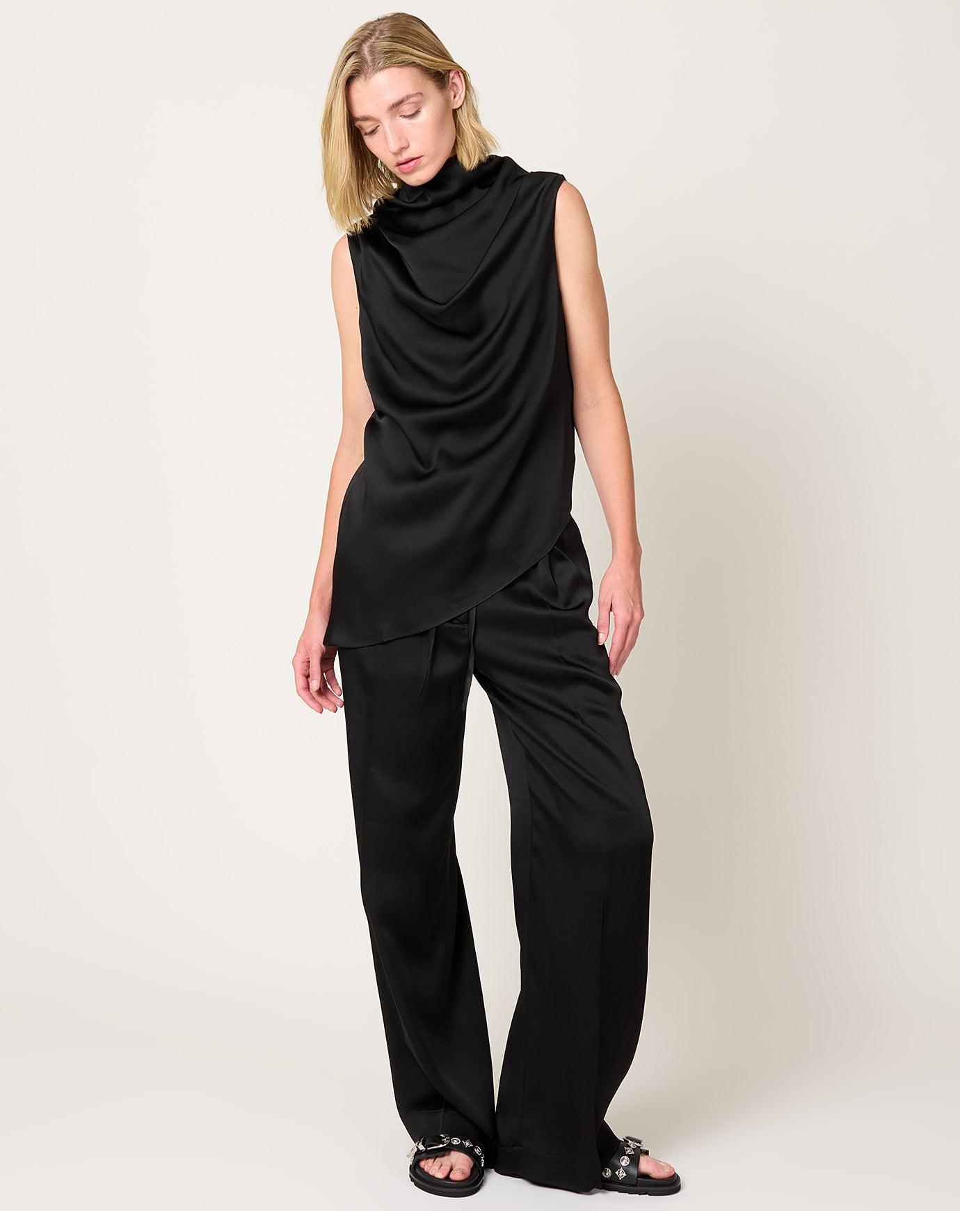 Róhe Sleeveless Draped Satin Top in Black