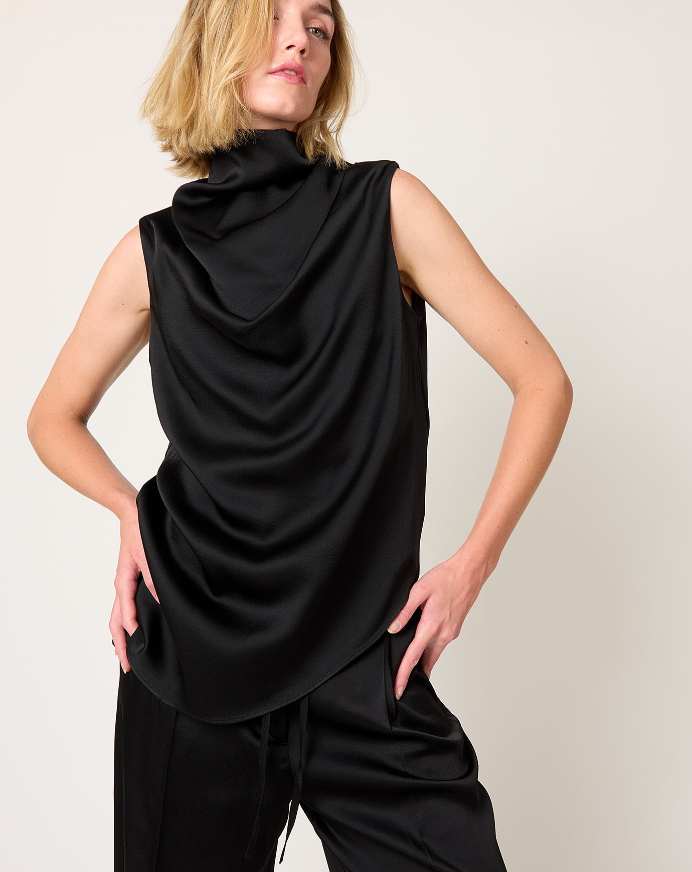 Róhe Sleeveless Draped Satin Top in Black