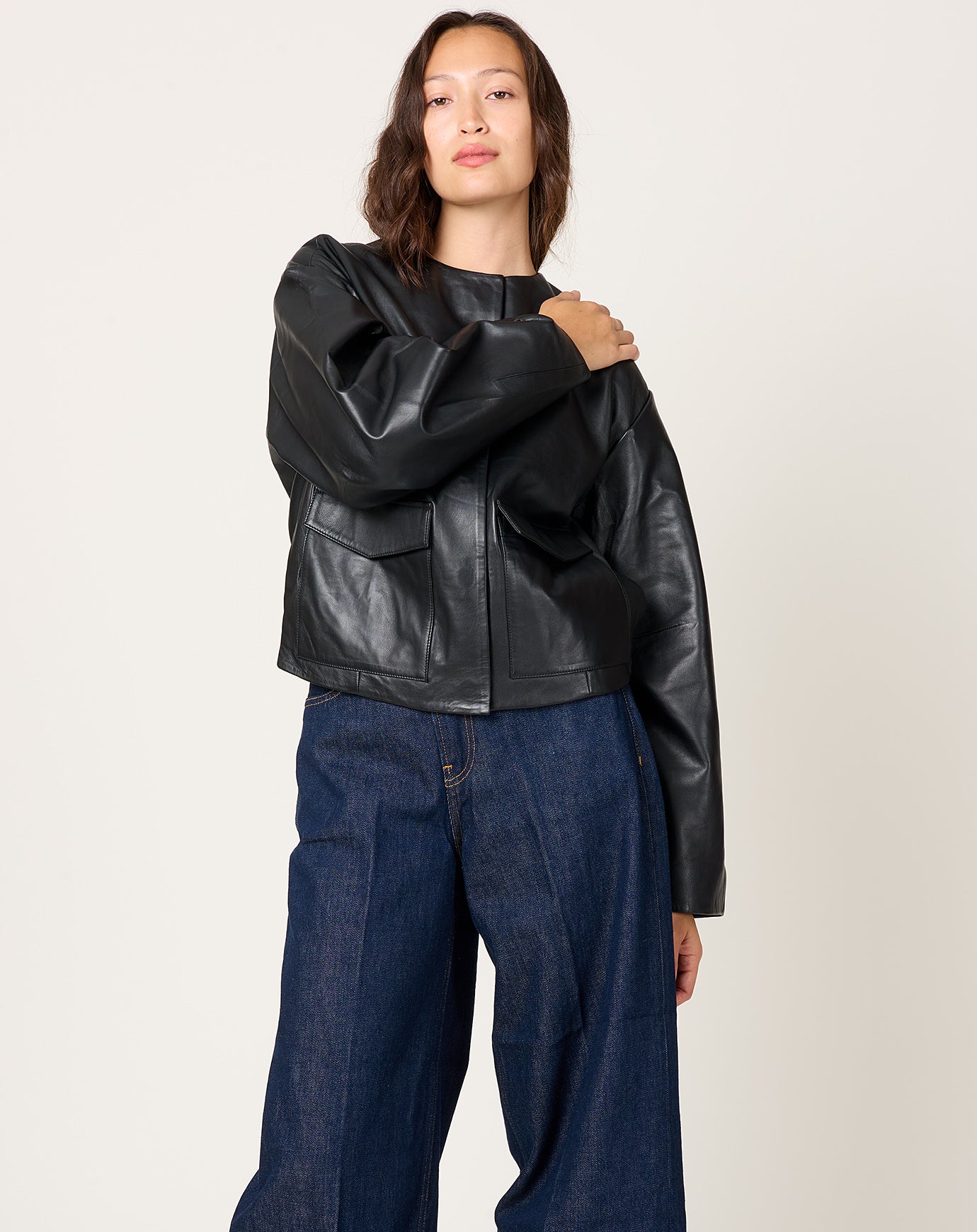 St. Agni Utility Cocoon Leather Bomber in Black