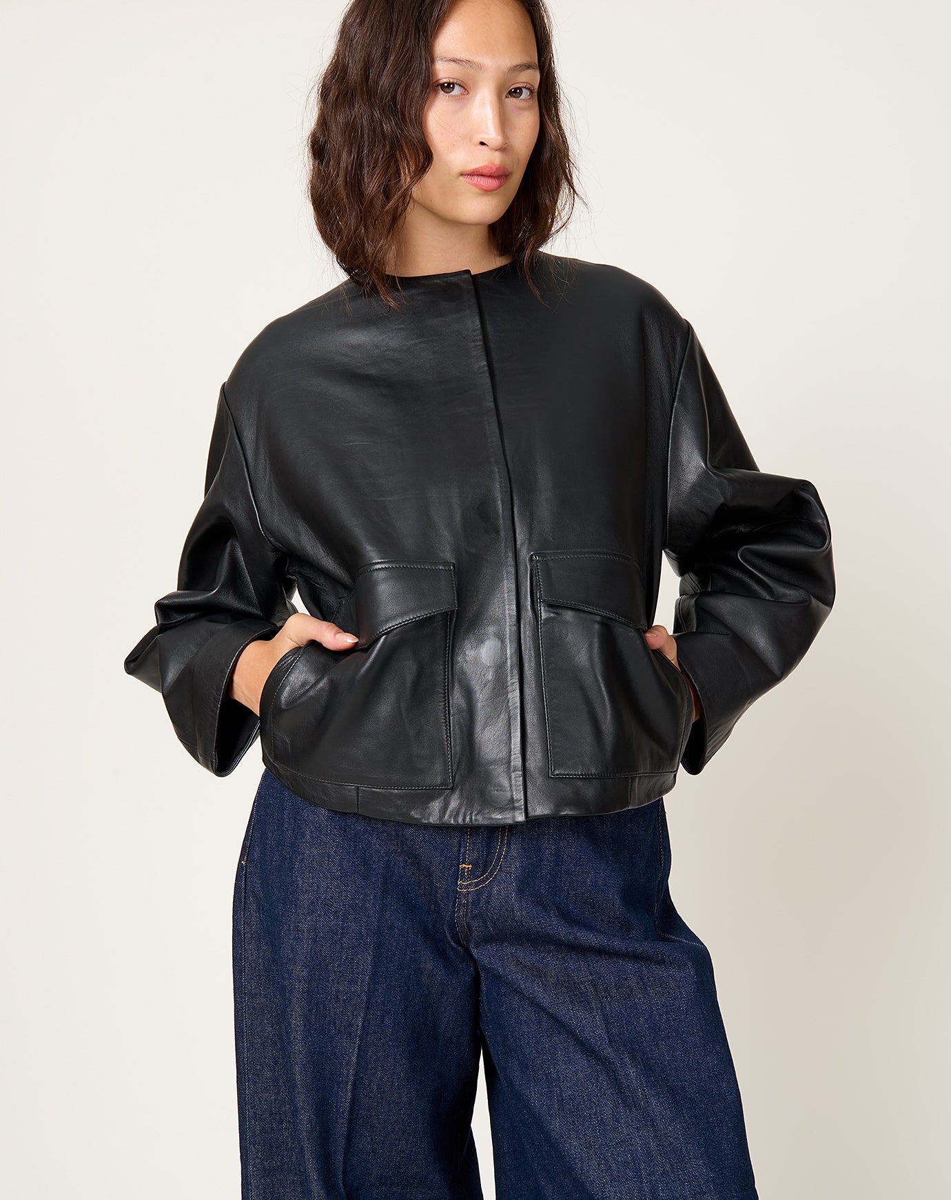 St. Agni Utility Cocoon Leather Bomber in Black