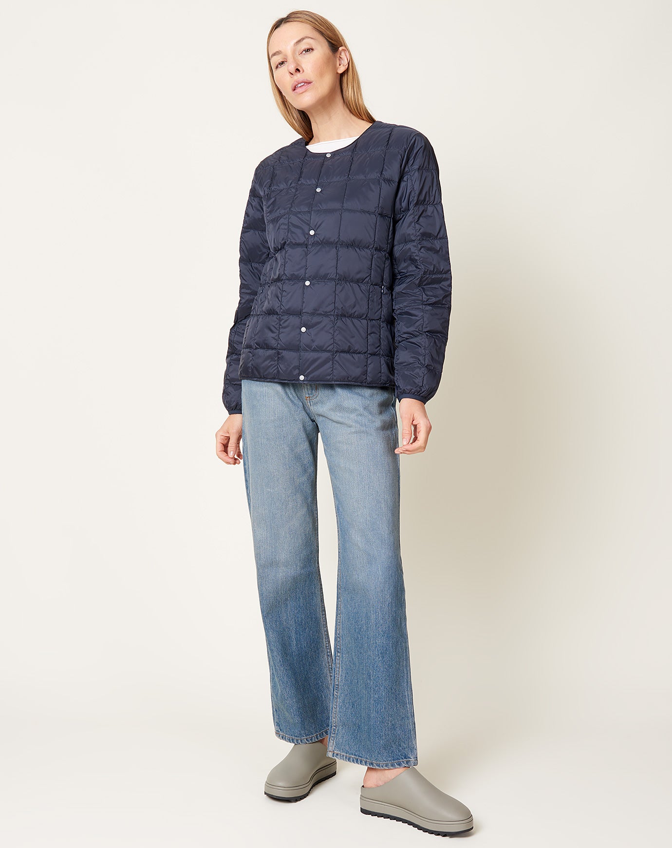 Basic Crew Neck Down Jacket in Dark Navy | Taion | Covet + Lou