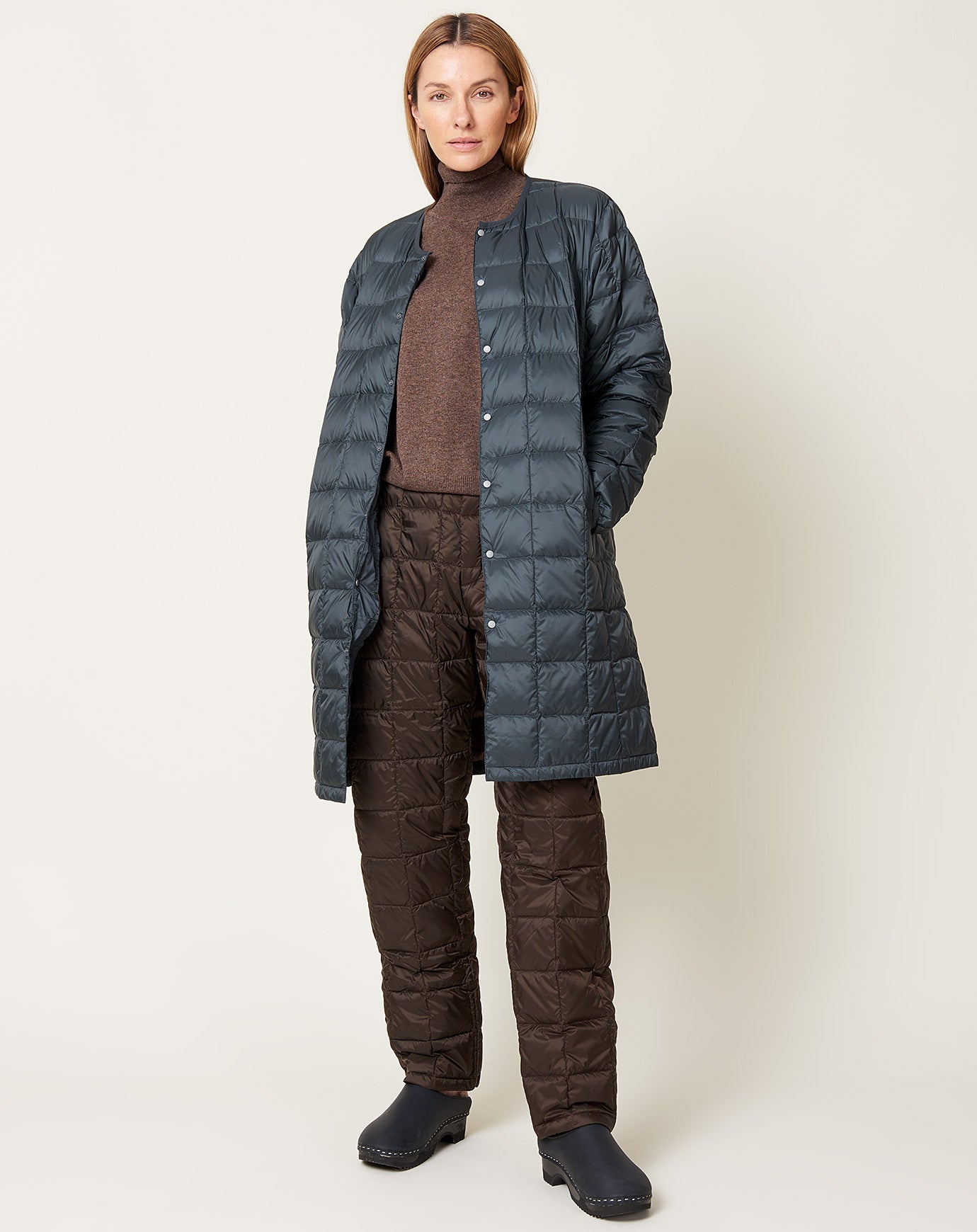 Taion Basic Over Size Crew Neck Button Long Down Jacket in Dark Charcoal and Chocolate