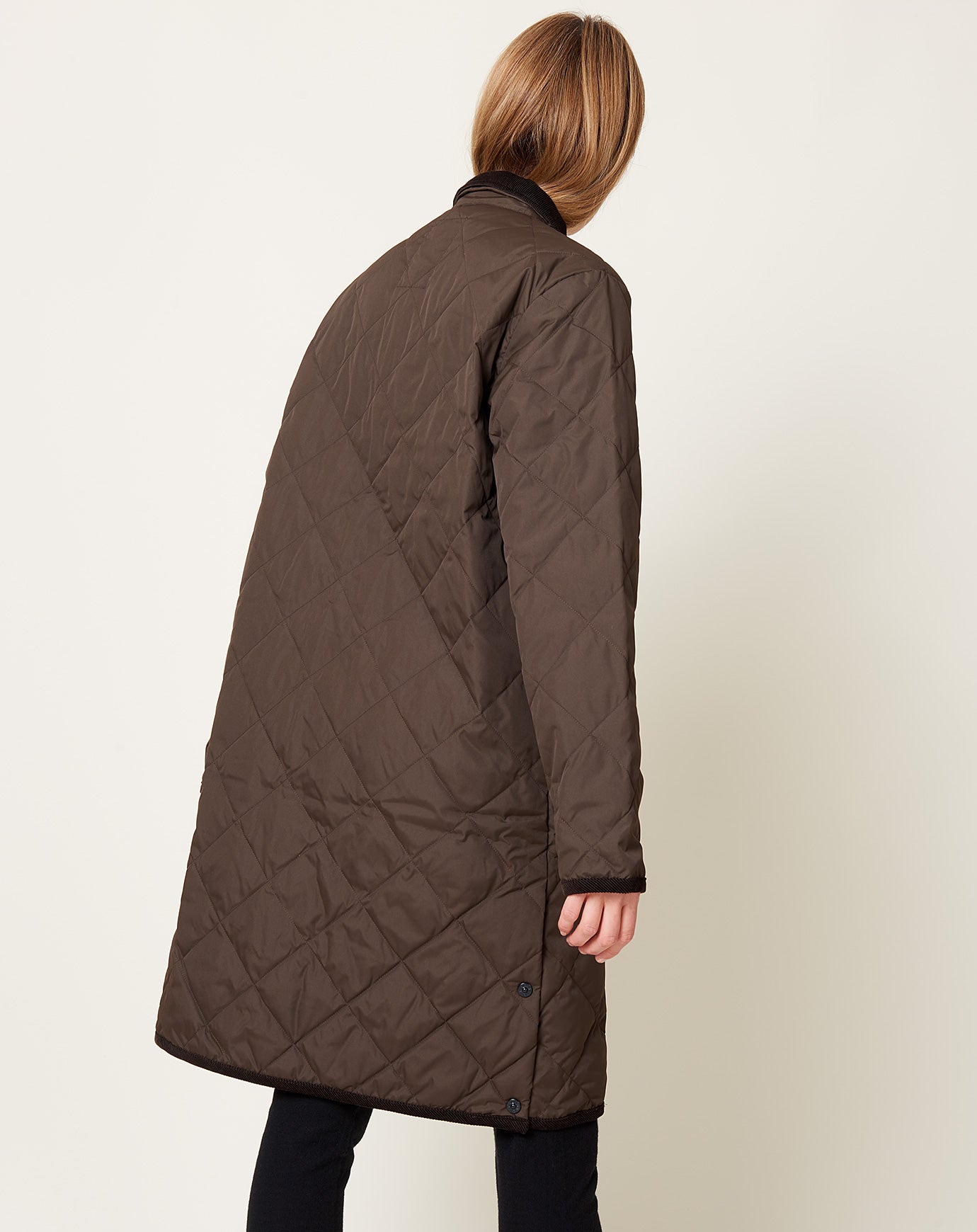 Taion Piping Collared Long Down Coat in Dark Brown