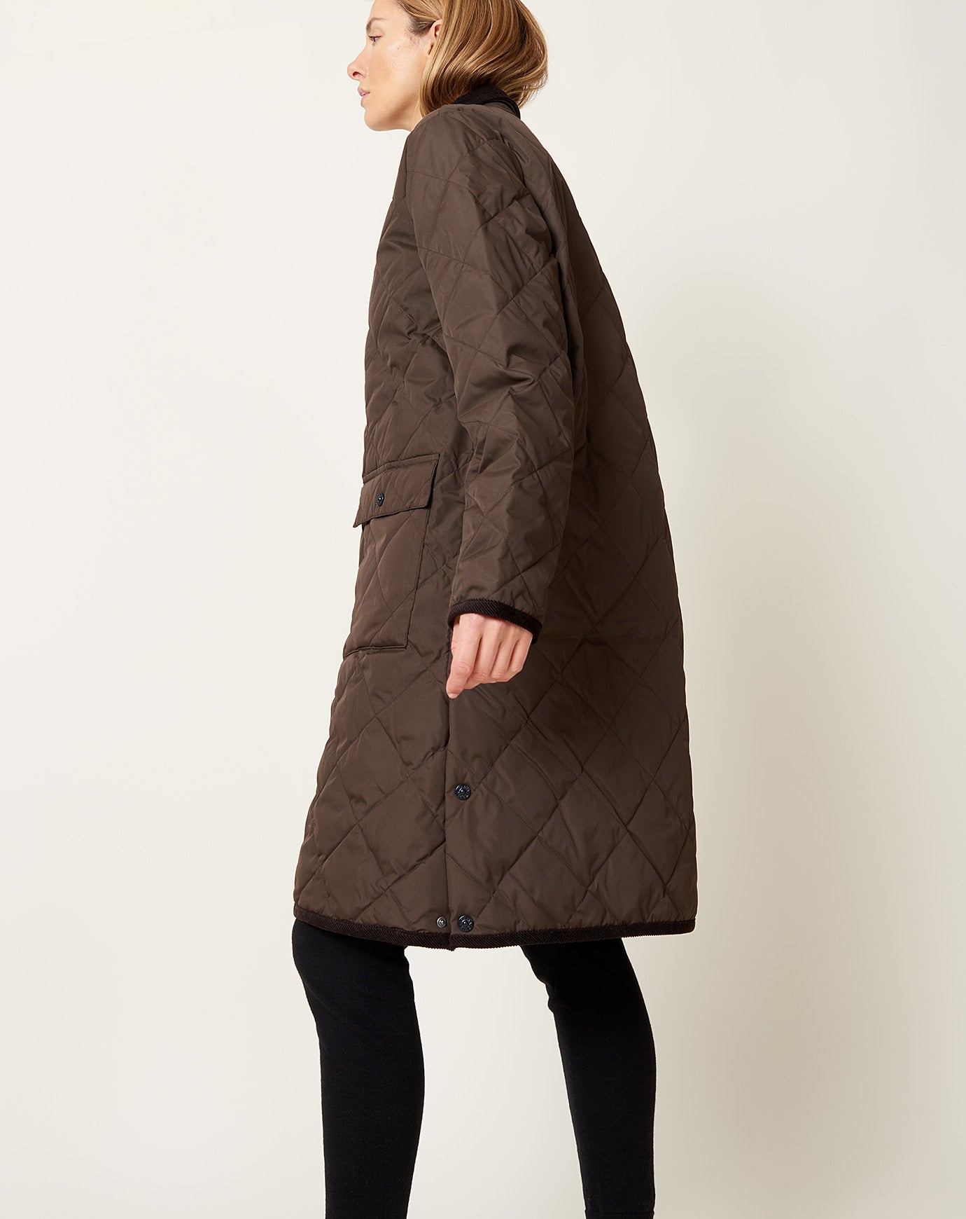 Piping Collared Long Down Coat in Dark Brown | Taion | Covet + Lou ...