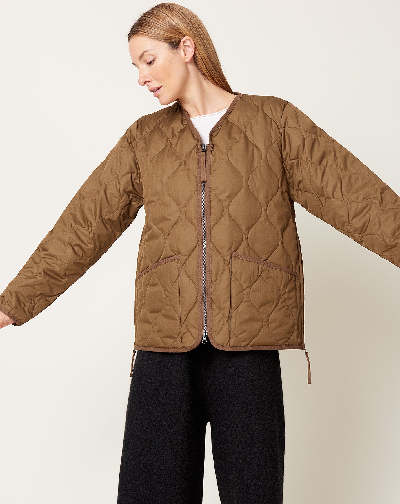 Taion Military Zip V Neck Down Jacket in Light Brown