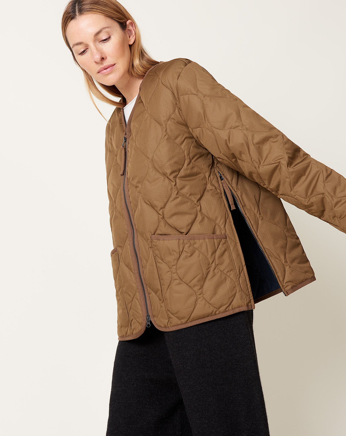 Taion Military Zip V Neck Down Jacket in Light Brown