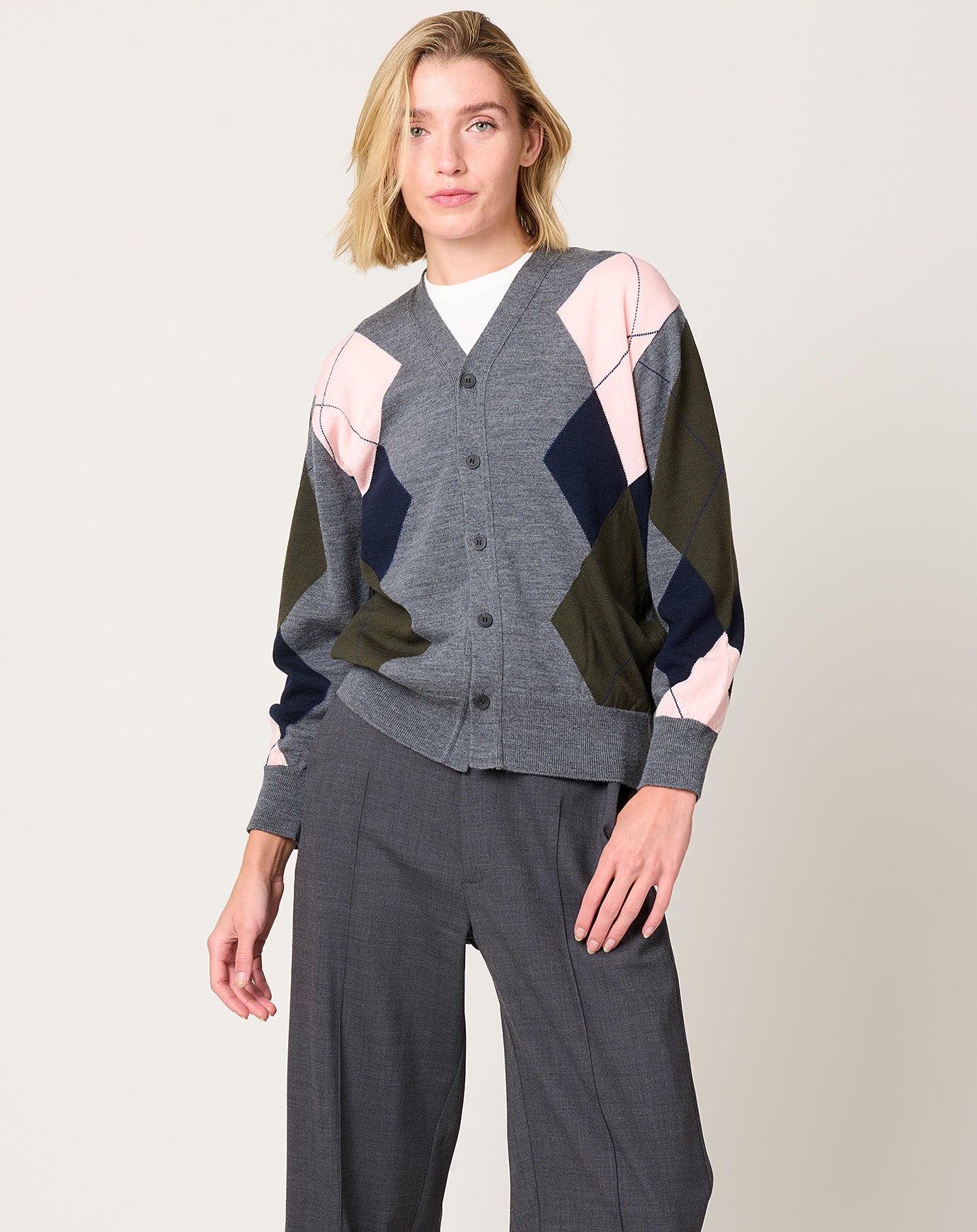 TOGA Archives Argyle Knit Cardigan in Grey