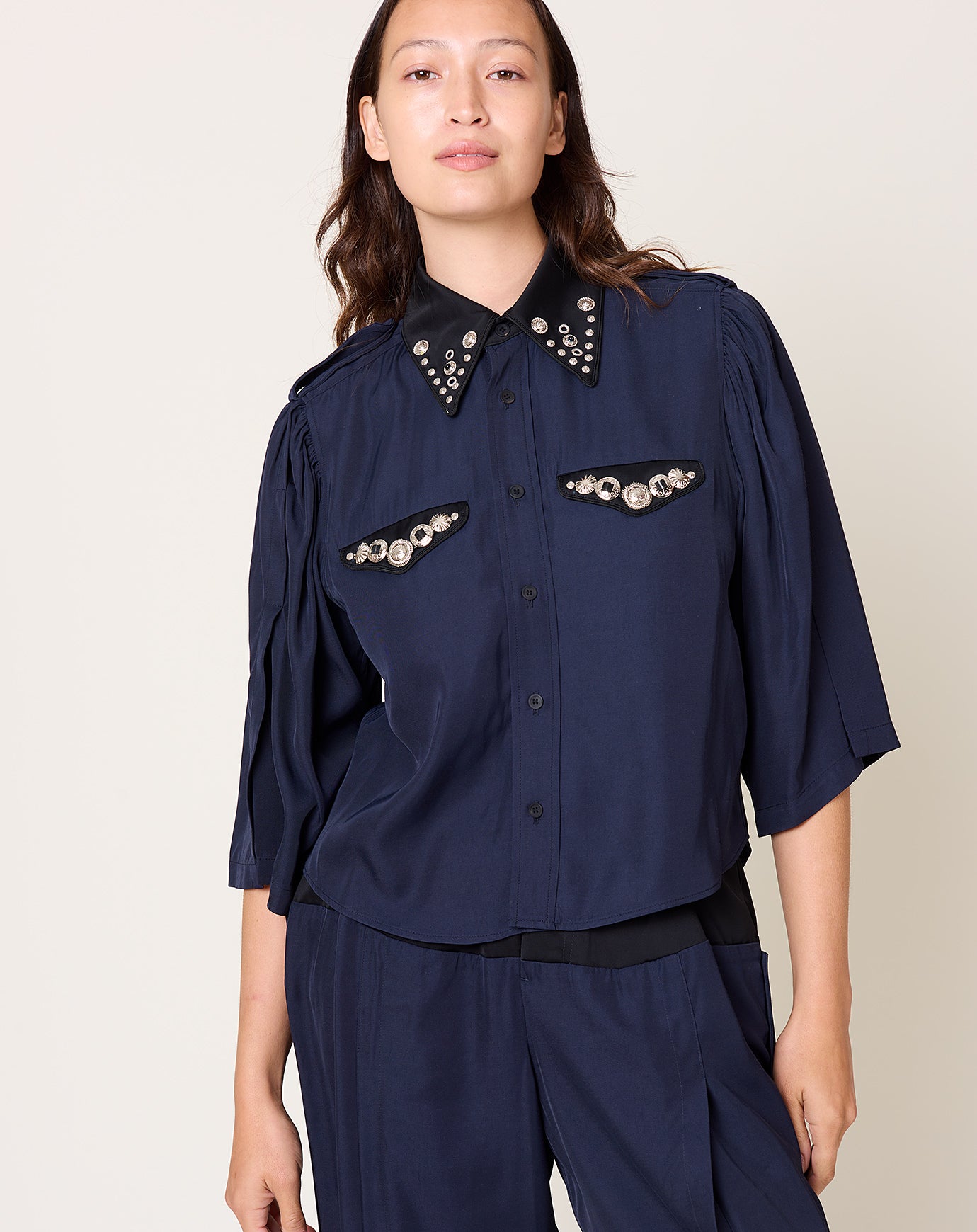 TOGA Archives Rayon Silk Twill Shirt in Navy