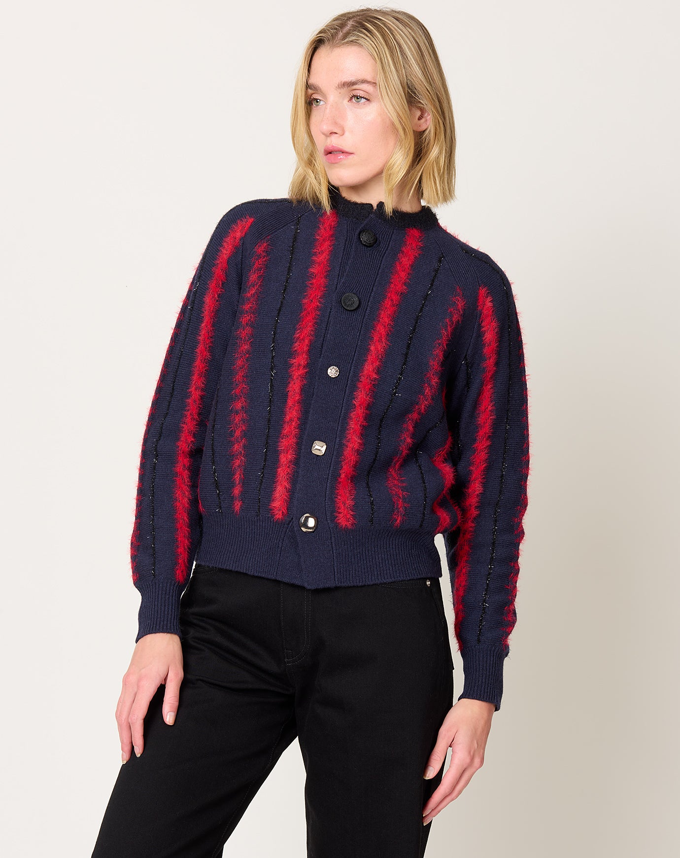 TOGA Archives Stripe Knit Cardigan in Navy