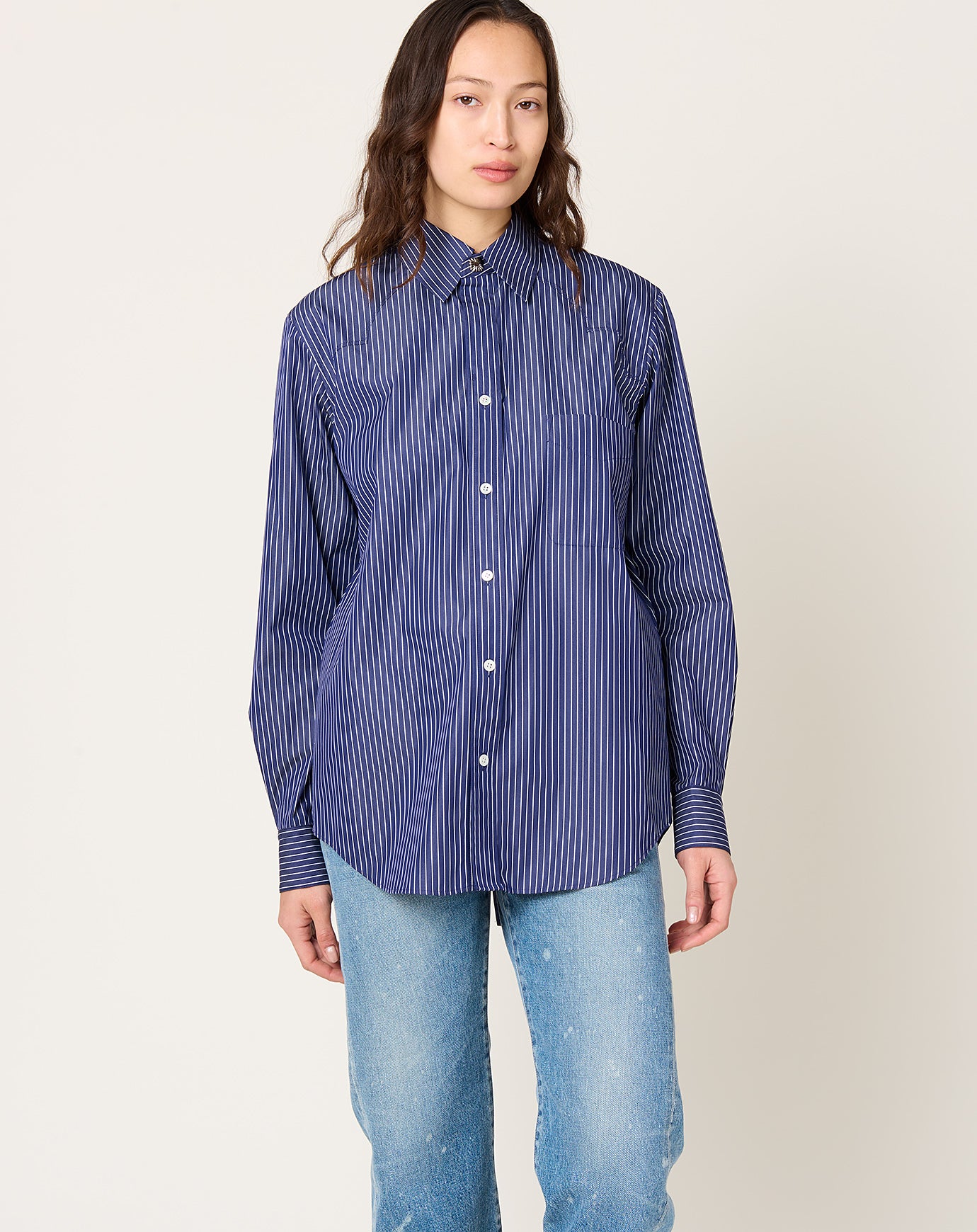 TOGA Archives Stripe Typewriter Shirt in Navy