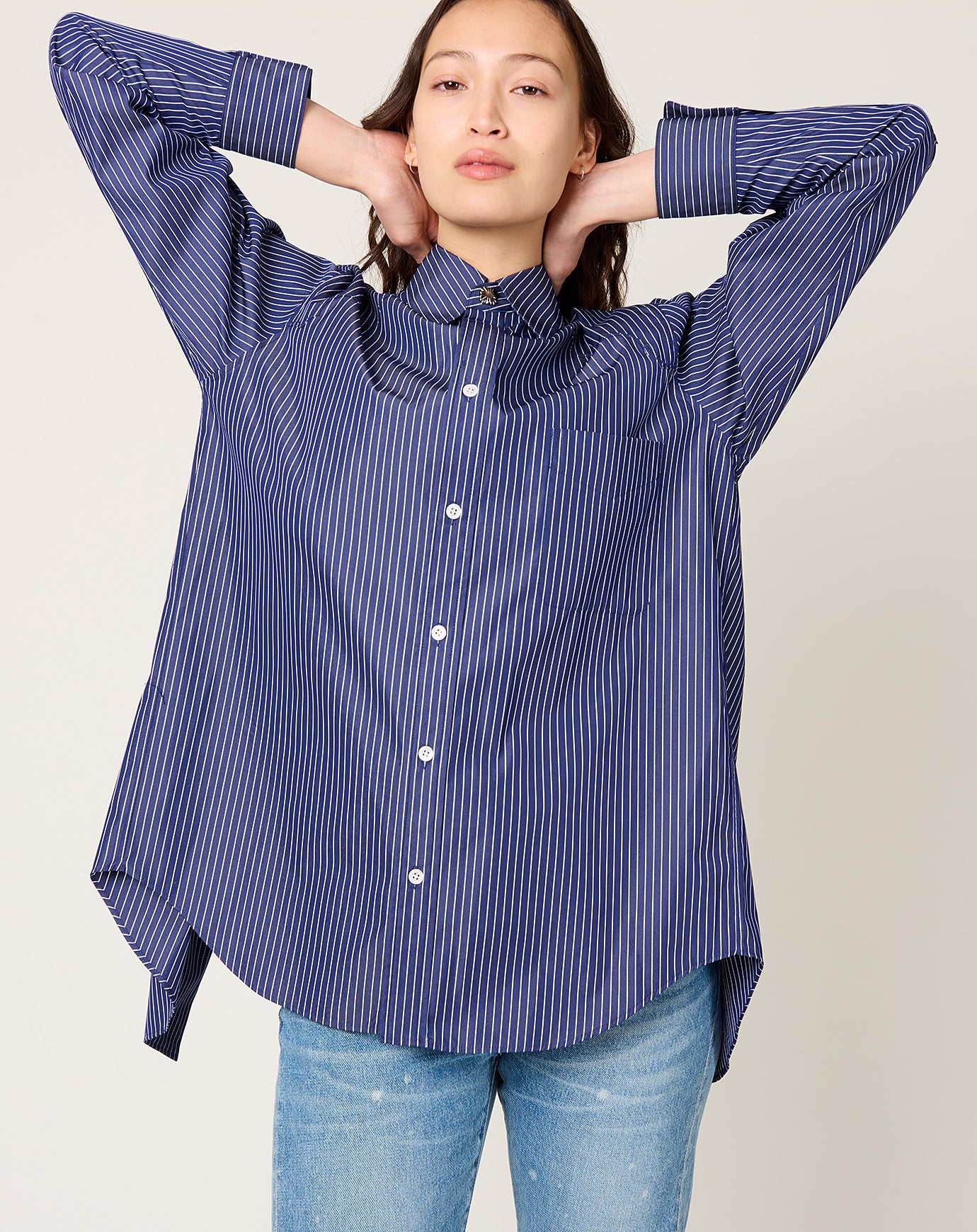 TOGA Archives Stripe Typewriter Shirt in Navy