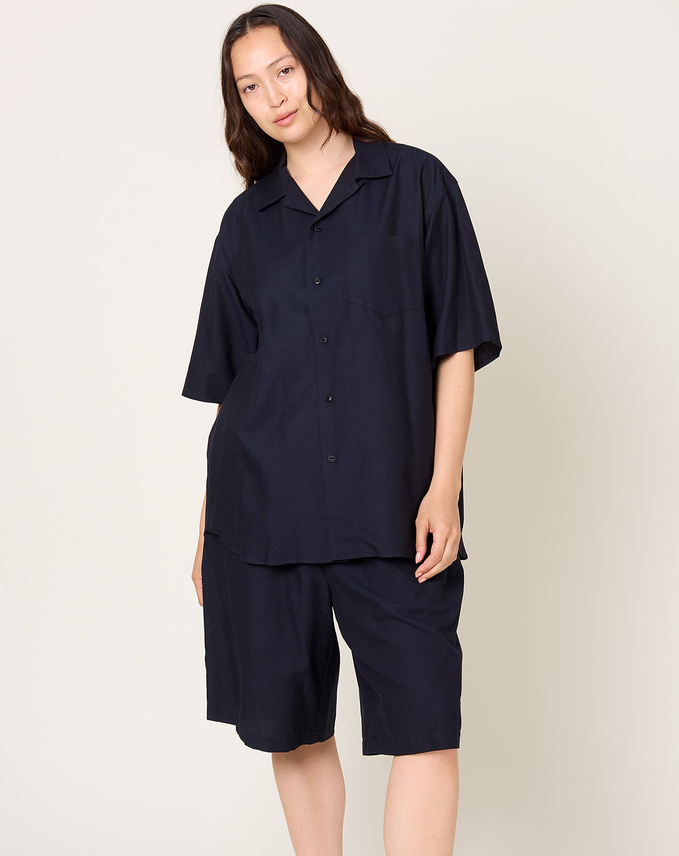 Yoko Sakamoto Open Collar S/S Shirt in Navy