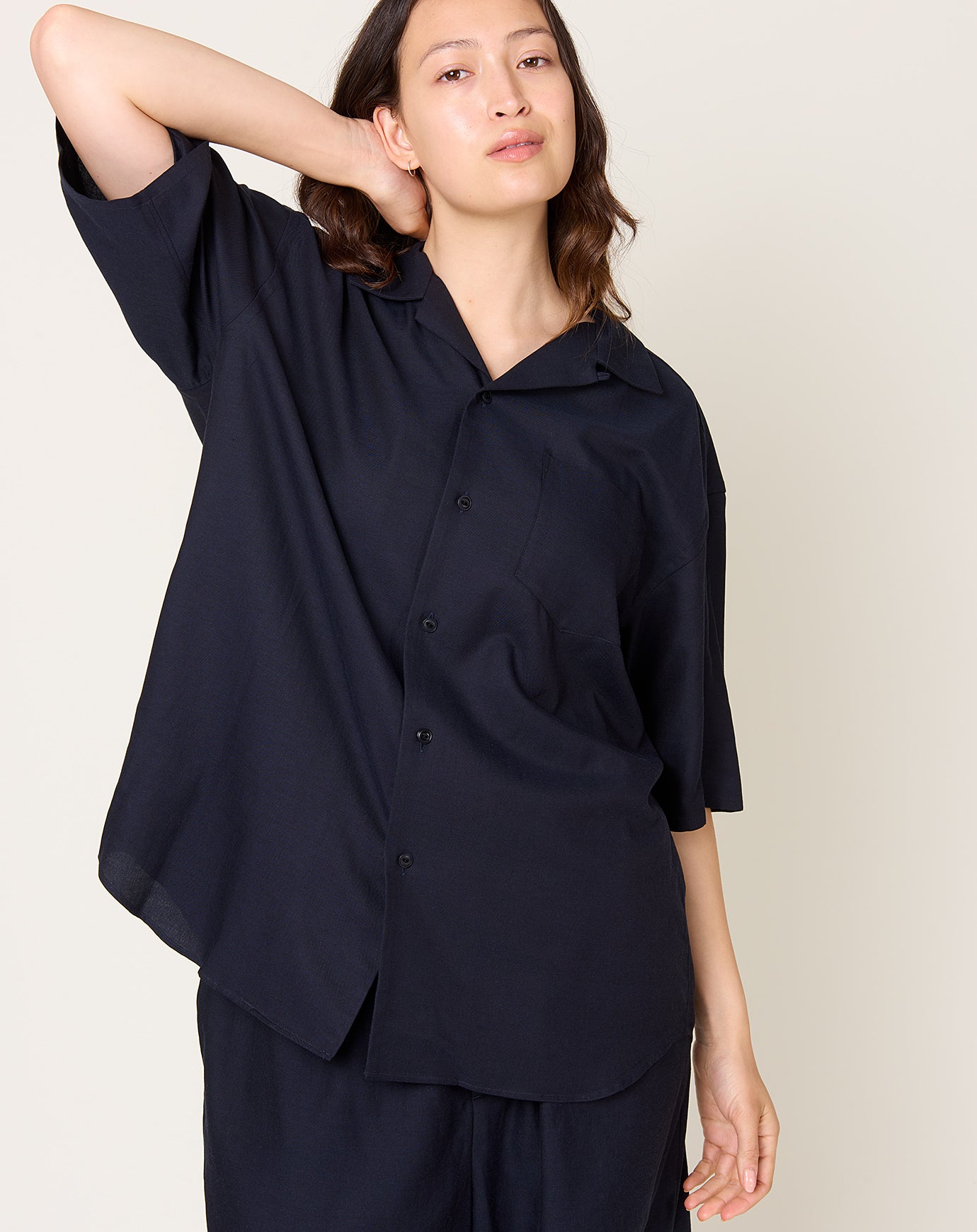 Yoko Sakamoto Open Collar S/S Shirt in Navy