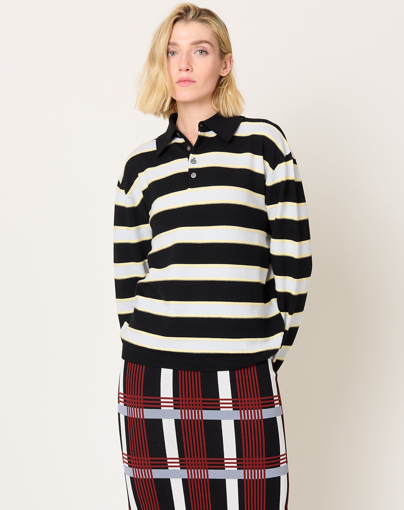 Zankov Ryan Pointelle Stripe Polo in Black & Oyster