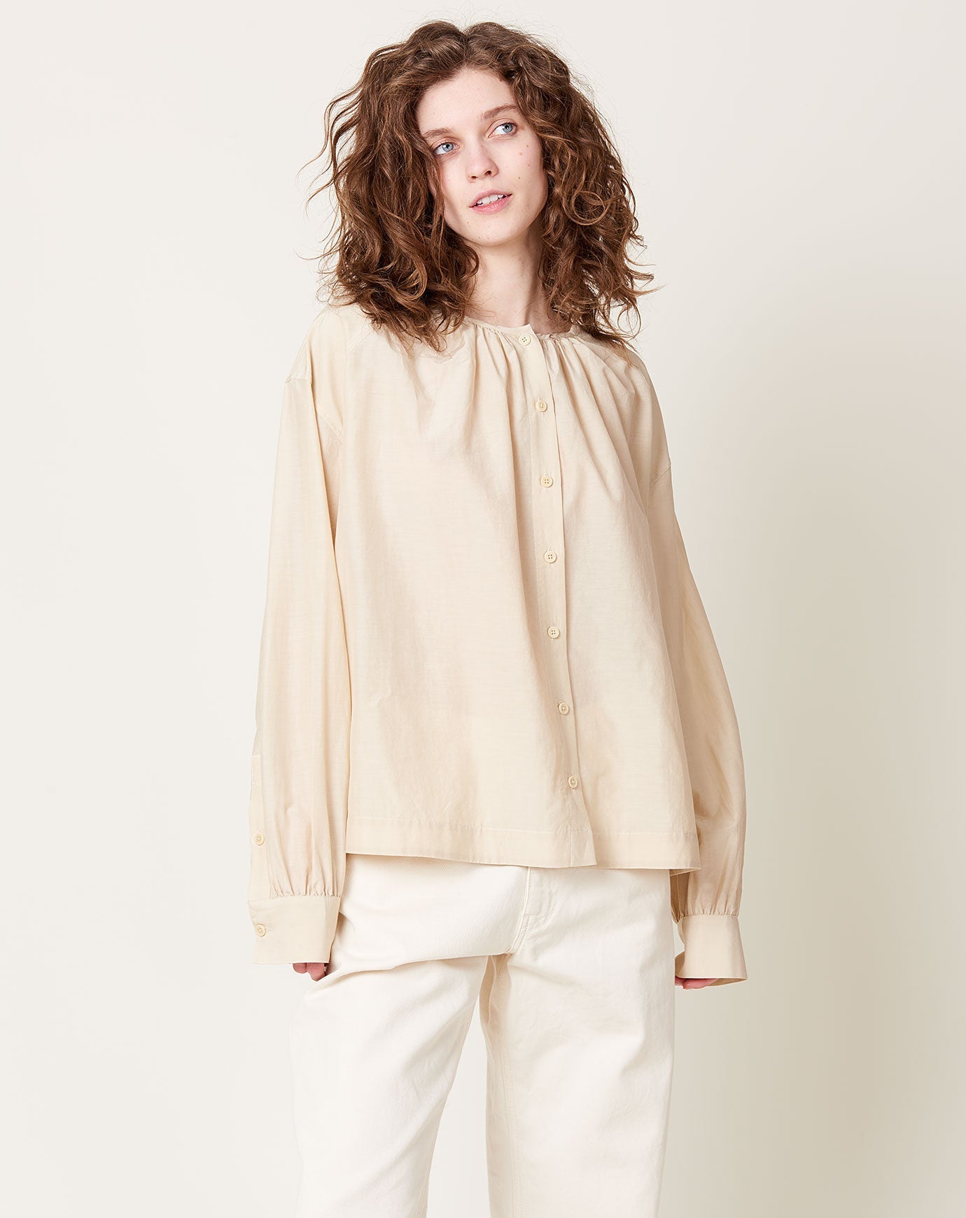6397 Gathered Neck Top in Sand