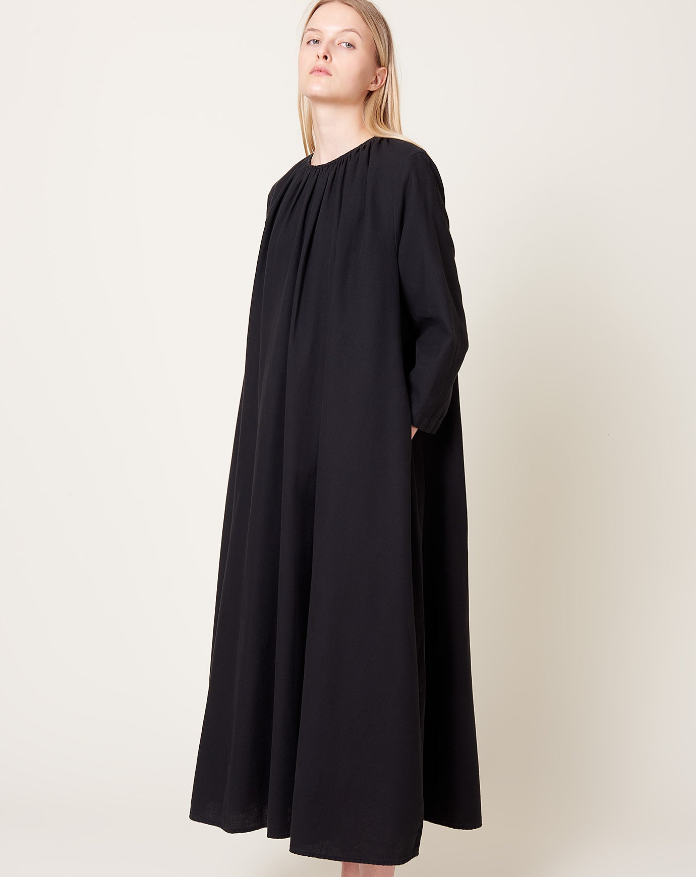 Black Crane Shirred Neck Dress in Black