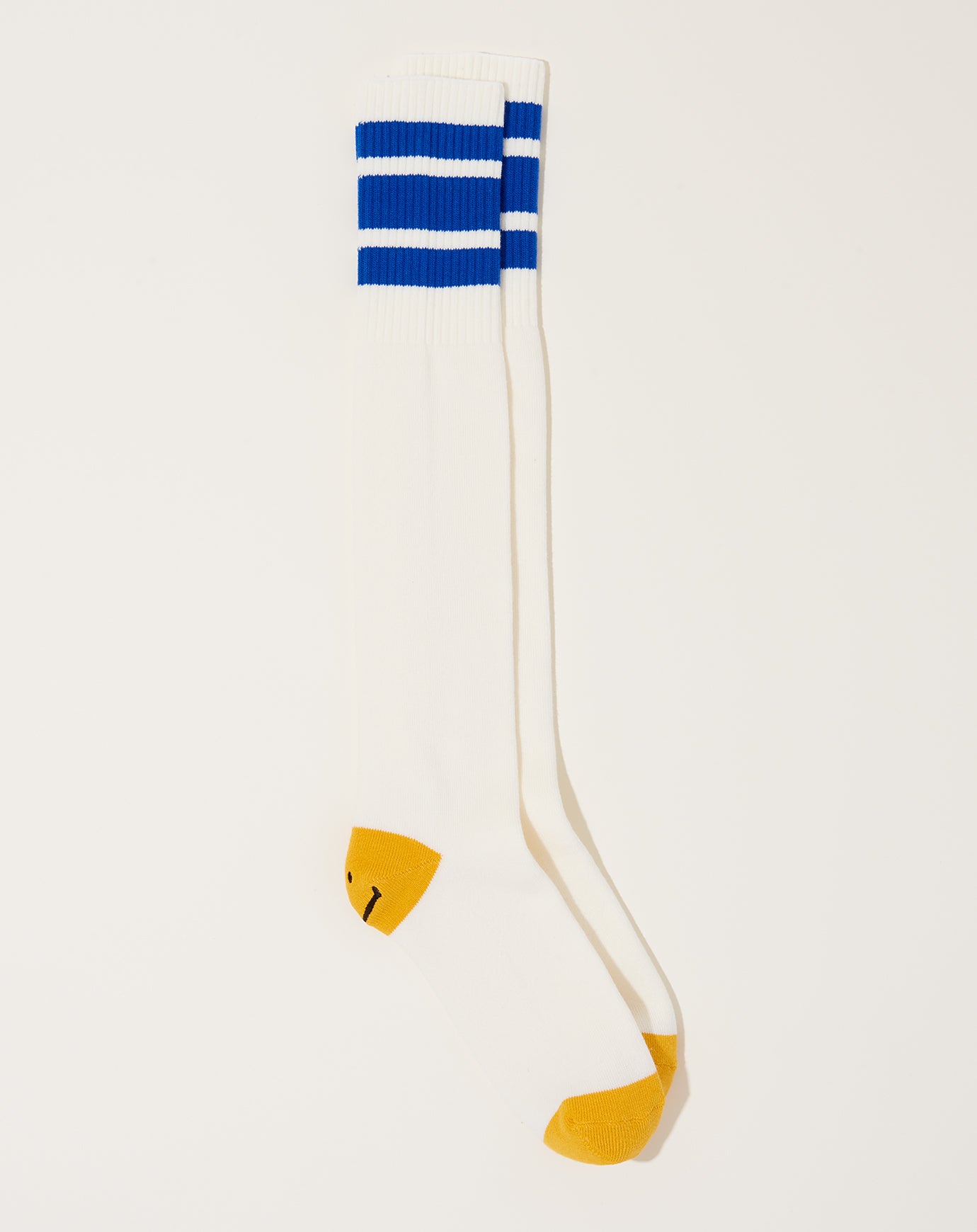 Kapital Heel Smilie Embroidered Skaters Knee-High Socks in White & Blue