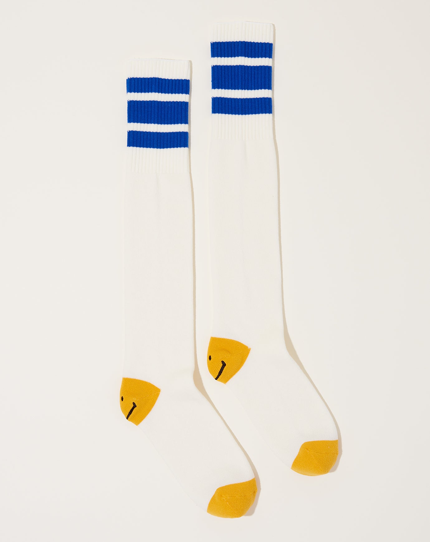 Kapital Heel Smilie Embroidered Skaters Knee-High Socks in White & Blue
