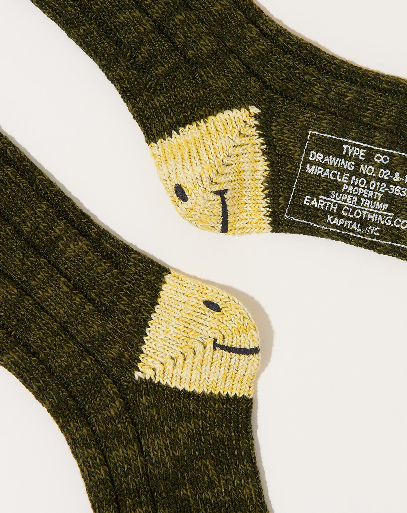 Kapital 56 Yarns Heel Smilie Socks in Khaki