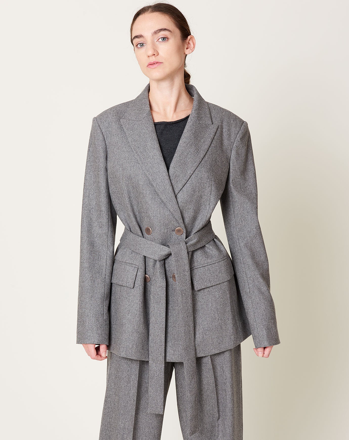 Maria McManus Belted Double Breasted Blazer in Grey