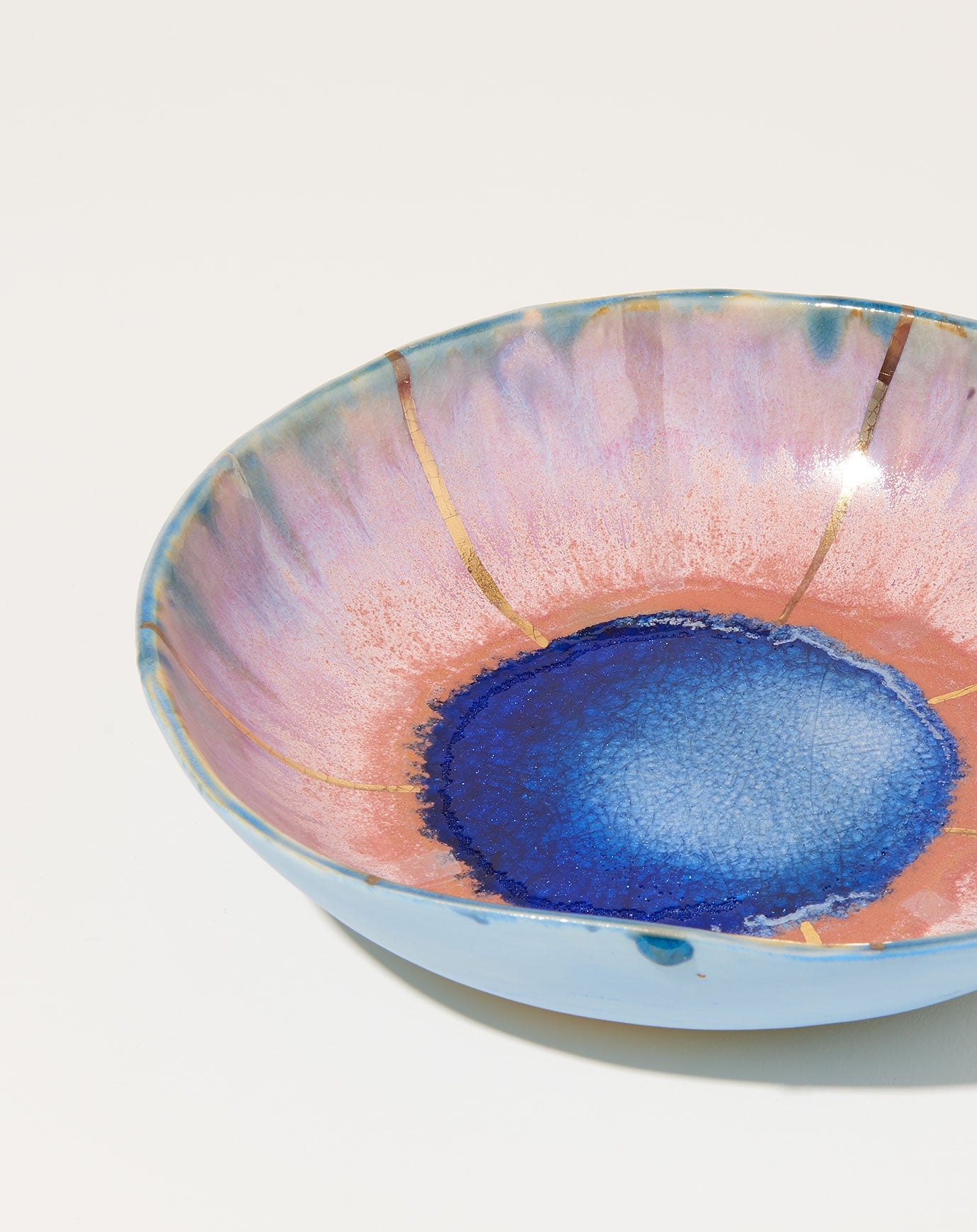Minh Singer Large Iceland Bowl in Pink Aurora with Light Blue Exterior and Gold