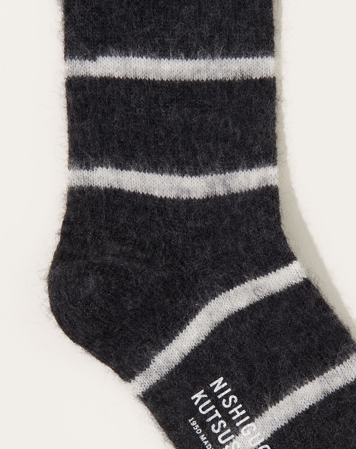 Nishiguchi Kutsushita Mohair Wool Border Socks in Charcoal